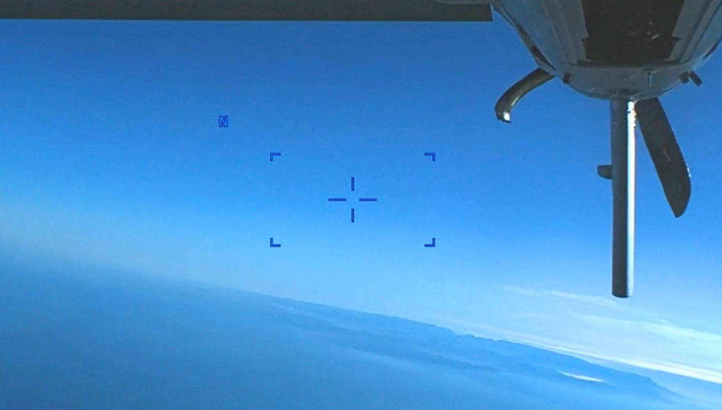 A view of a damaged prop of U.S. Air Force intelligence, surveillance, and reconnaissance unmanned MQ-9 aircraft following an impact by Russian Su-27 aircraft over the Black Sea, March 14, 2023 in this still image taken from a handout video