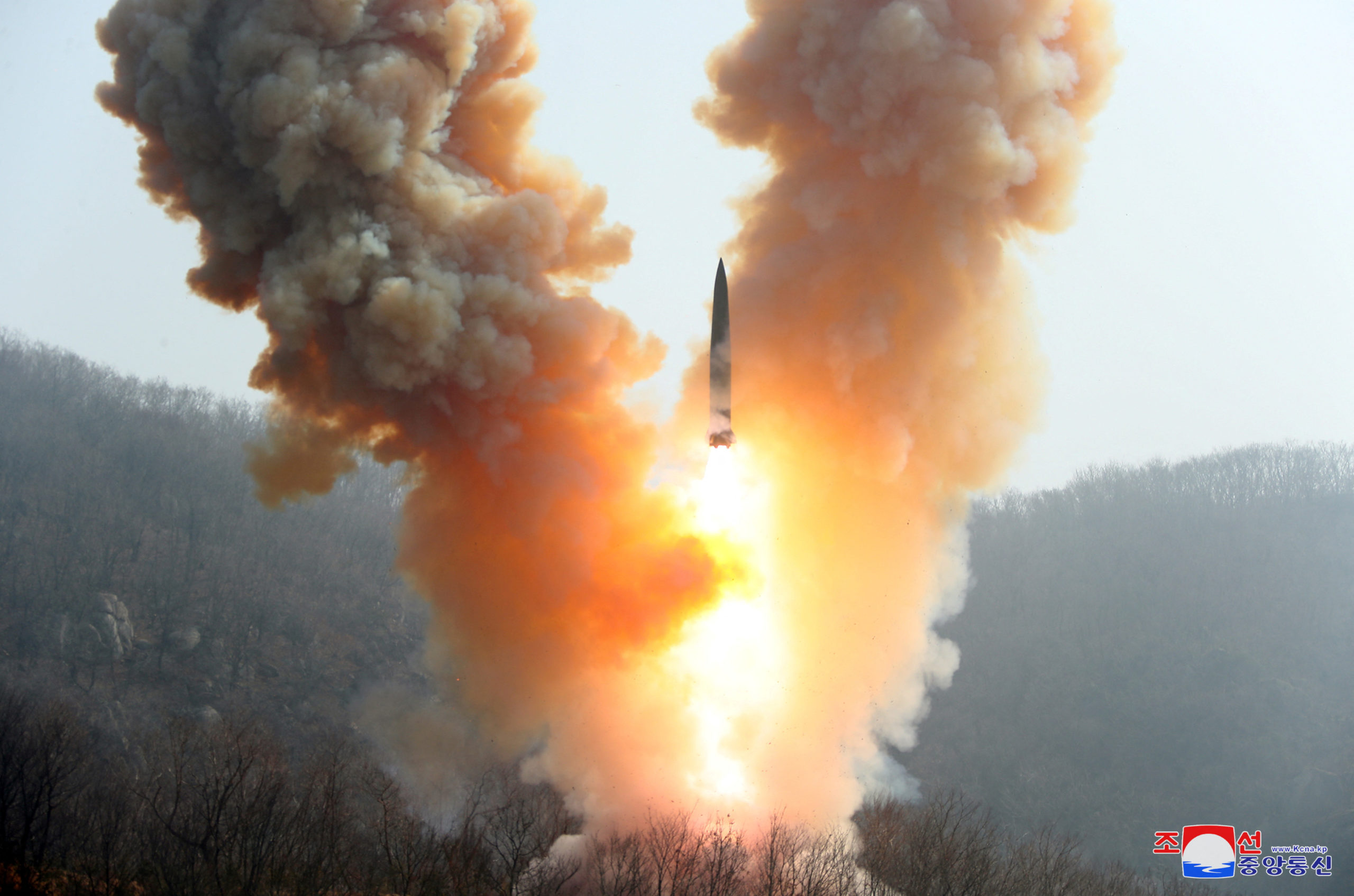 A view shows a missile fired by the North Korean military at an undisclosed location in this image released by North Korea's Central News Agency (KCNA) on March 20, 2023.