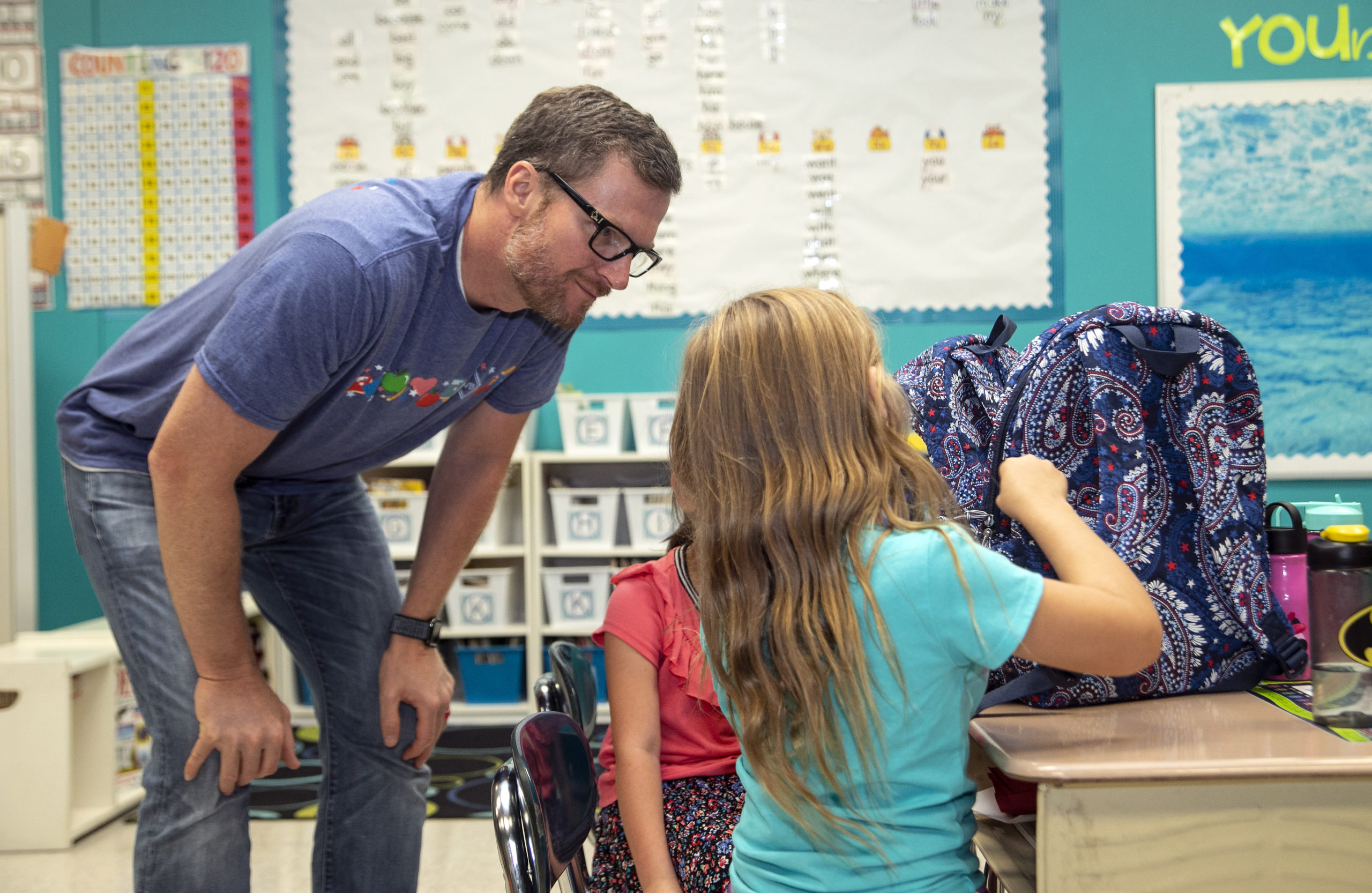 Dale Earnhardt Jr. surprises students for the Vera Bradley x Blessings In A Backpack Event at Shepherd Elementary on September 16, 2019 in Mooresville, North Carolina. (Photo by Jeff Hahne/Getty Images for Vera Bradley)