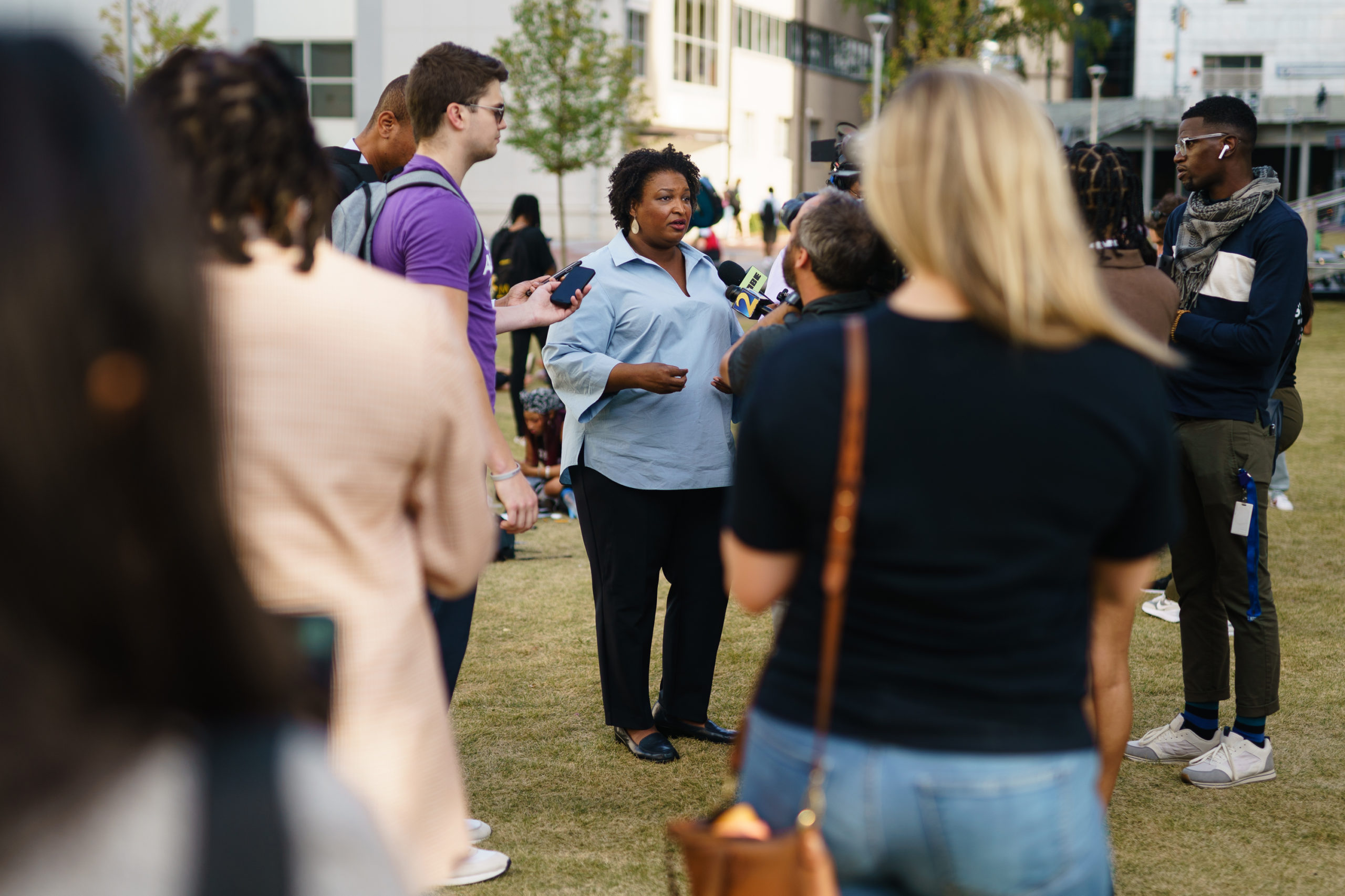 ATLANTA, GA - NOVEMBER 07: Democratic Georgia gubernatorial candidate Stacey Abrams speaks to the media after posing for photos with students and encouraging voting at Georgia State University on November 7, 2022 in Atlanta, Georgia. Photo by Elijah Nouvelage/Getty Images