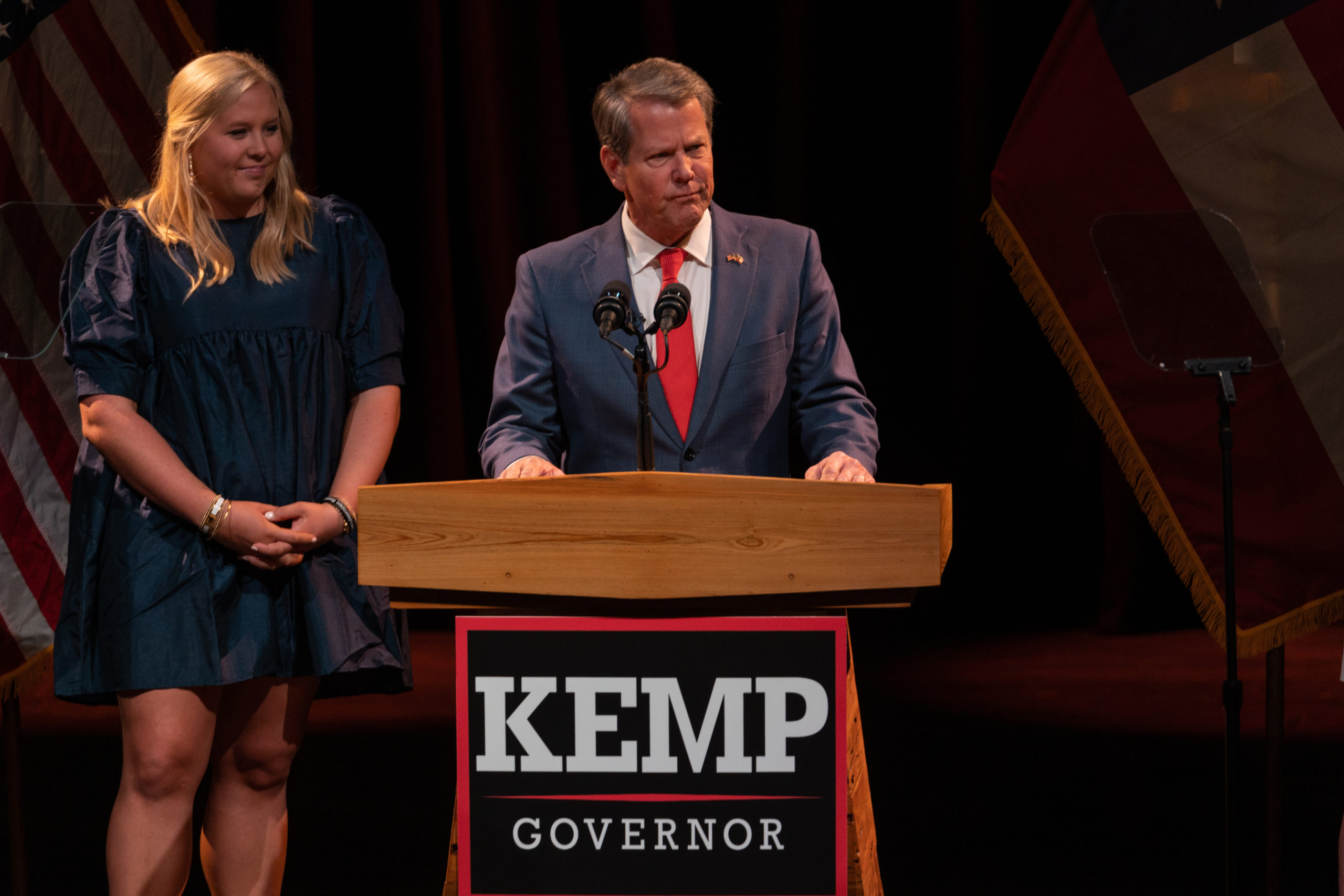 Republican Gov. Brian Kemp addresses supporters at a watch party after winning re-election on election night on November 8, 2022 in Atlanta, Georgia. Kemp defeated Democratic challenger Stacey Abrams in a repeat of their 2018 race. (Photo by Megan Varner/Getty Images)