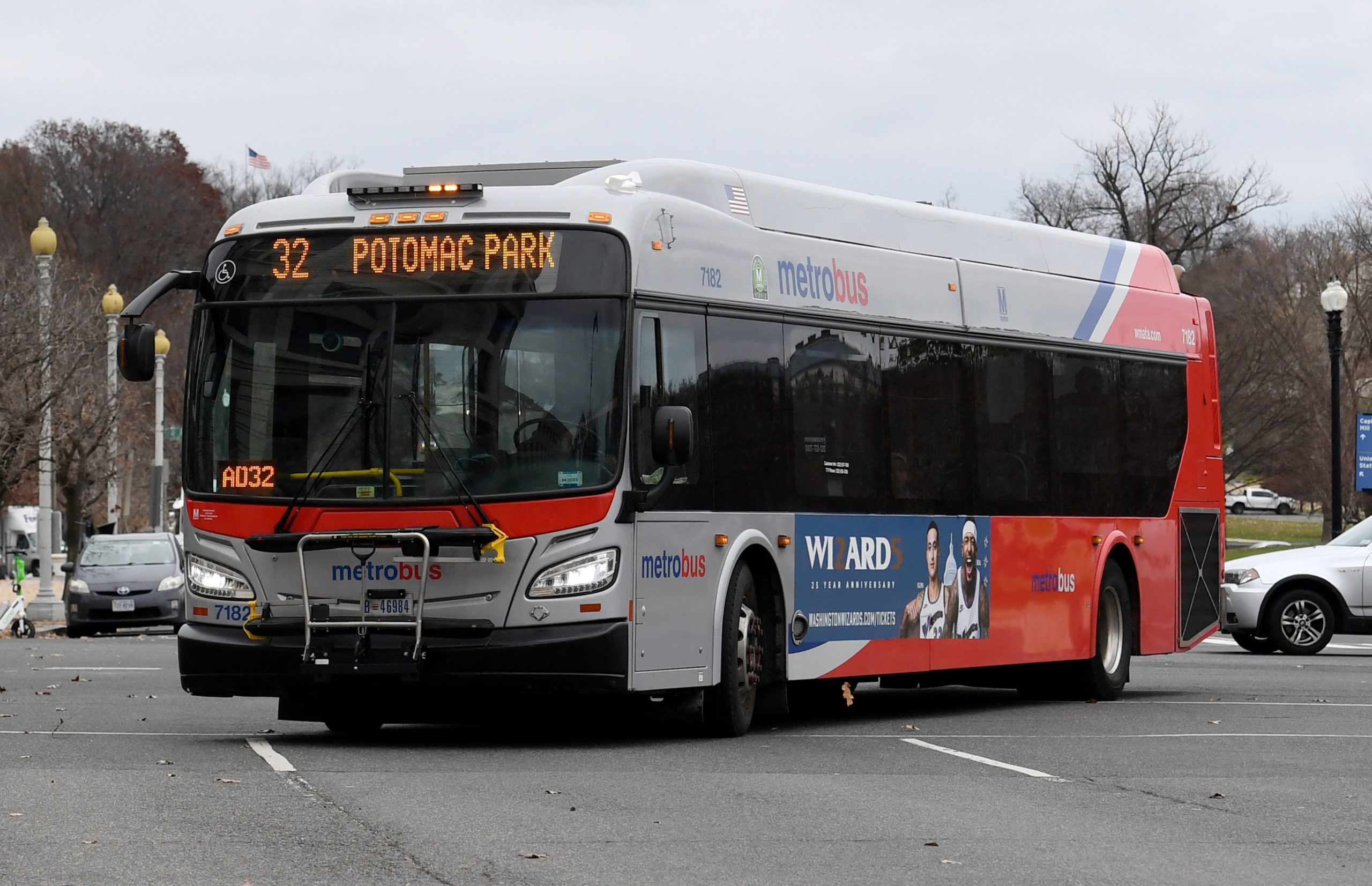 A bus is seen in Washington, DC, on December 12, 2022. - The Washington government voted to institute free bus rides for all starting in the summer of 2023. (Photo by OLIVIER DOULIERY / AFP) (Photo by OLIVIER DOULIERY/AFP via Getty Images)