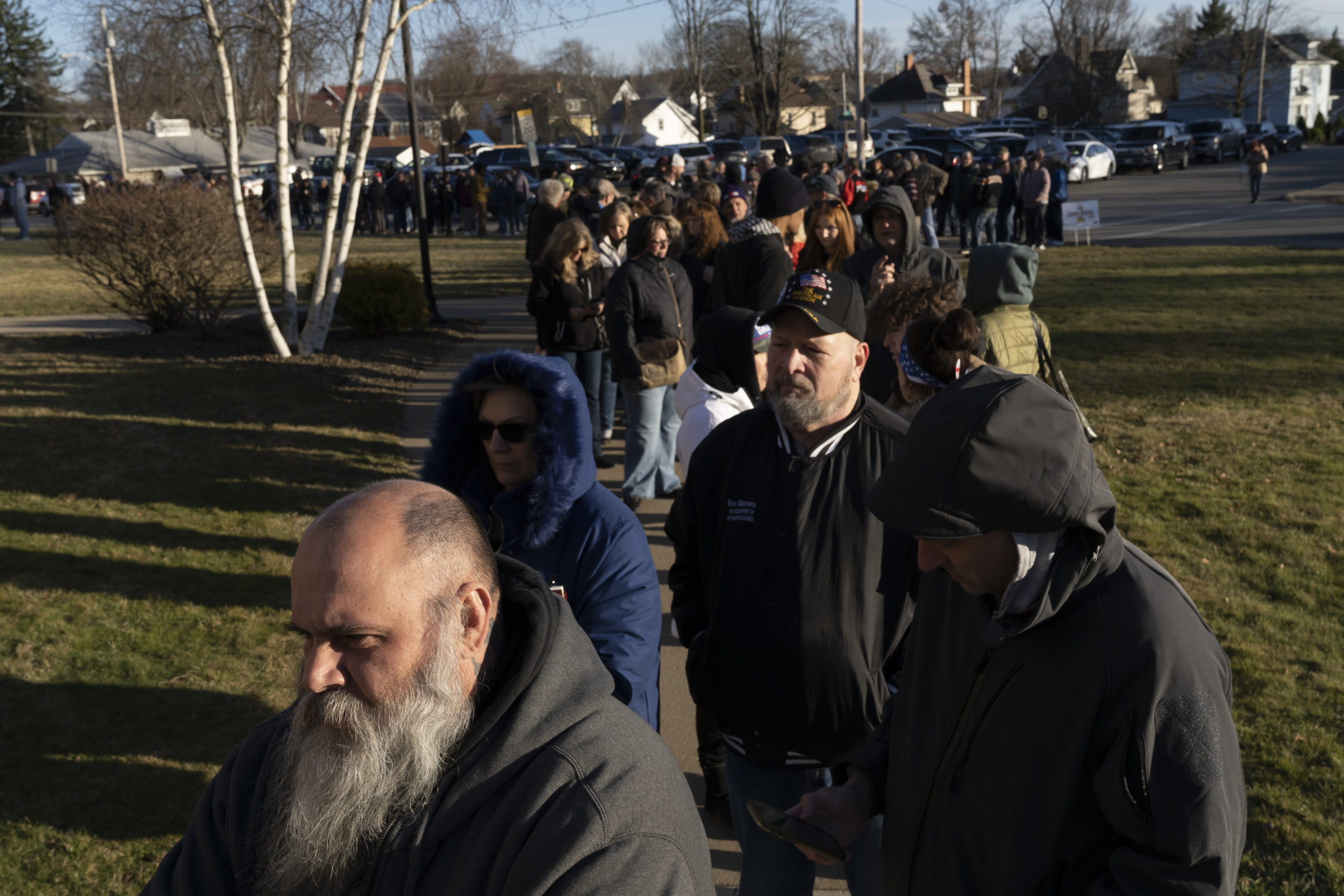 EAST PALESTINE, OH - FEBRUARY 24: Residents from East Palestine and surrounding areas wait in line for the town hall event held by environmental activist Erin Brockovich on February 24, 2023 in East Palestine, Ohio.