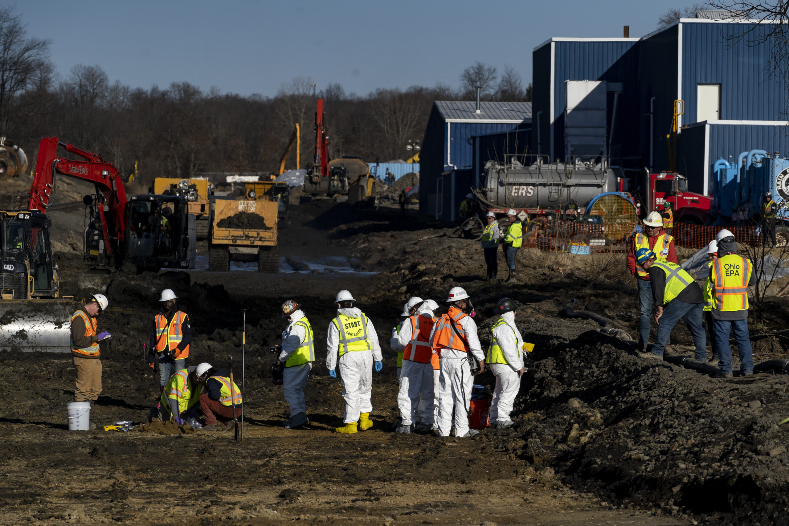 Ohio EPA and EPA contractors collect soil and air samples from the derailment site on March 9, 2023 in East Palestine, Ohio.