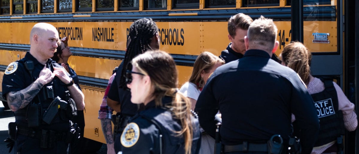 NASHVILLE, TN - MARCH 27: School buses with children arrive at Woodmont Baptist Church to be reunited with their families after a mass shooting at The Covenant School on March 27, 2023 in Nashville, Tennessee. According to initial reports, three students and three adults were killed by the shooter, a 28-year-old woman. The shooter was killed by police responding to the scene. (Photo by Seth Herald/Getty Images)