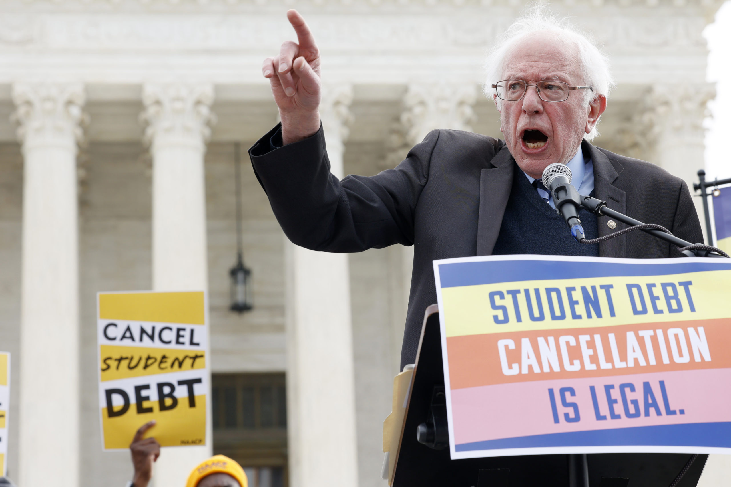 Senator Bernie Sanders speaks as student loan borrowers and advocates gather for the People's Rally To Cancel Student Debt During The Supreme Court Hearings On Student Debt Relief on February 28, 2023 in Washington, DC.