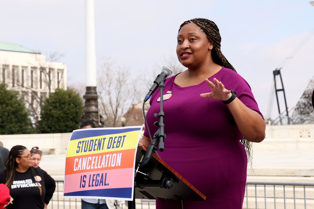 WASHINGTON, DC - FEBRUARY 28: Portia White speaks as student loan borrowers and advocates gather for the People's Rally To Cancel Student Debt During The Supreme Court Hearings On Student Debt Relief on February 28, 2023 in Washington, DC. (Photo by Jemal Countess/Getty Images for People's Rally to Cancel Student Debt )