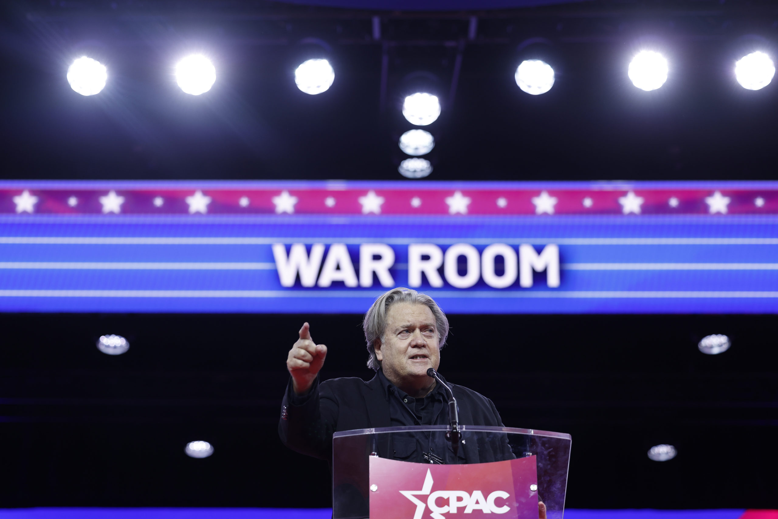 NATIONAL HARBOR, MARYLAND - MARCH 03: Former White House chief strategist for the Trump Administration Steve Bannon speaks during the annual Conservative Political Action Conference (CPAC) at the Gaylord National Resort Hotel And Convention Center on March 03, 2023 in National Harbor, Maryland. The annual conservative conference entered its second day of speakers including congressional members, media personalities and members of former President Donald Trump's administration. President Donald Trump will address the event on Saturday. (Photo by Anna Moneymaker/Getty Images)