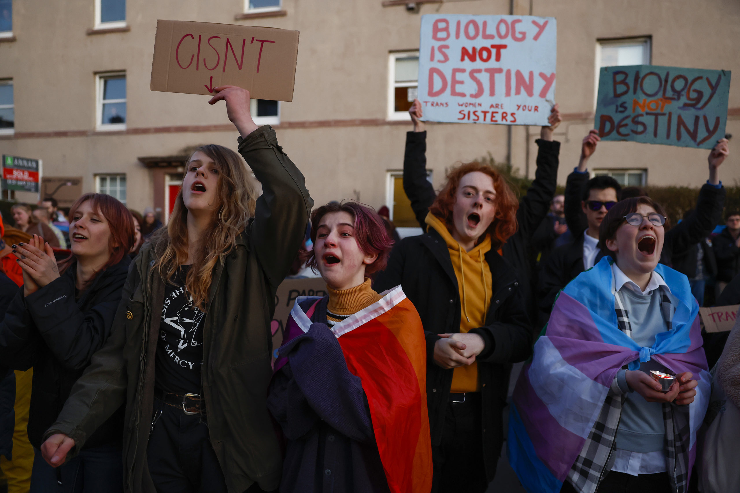 EDINBURGH, SCOTLAND - MARCH 14: Trans rights activists protest at a Gender Identity Talk held at Portobello Library on March 14, 2023 in Edinburgh, Scotland. Concerned Adults Talking Openly About Gender Identity Ideology hold a meeting on Gender Identity today which has previously prompted anger among trans activists. (Photo by Jeff J Mitchell/Getty Images)