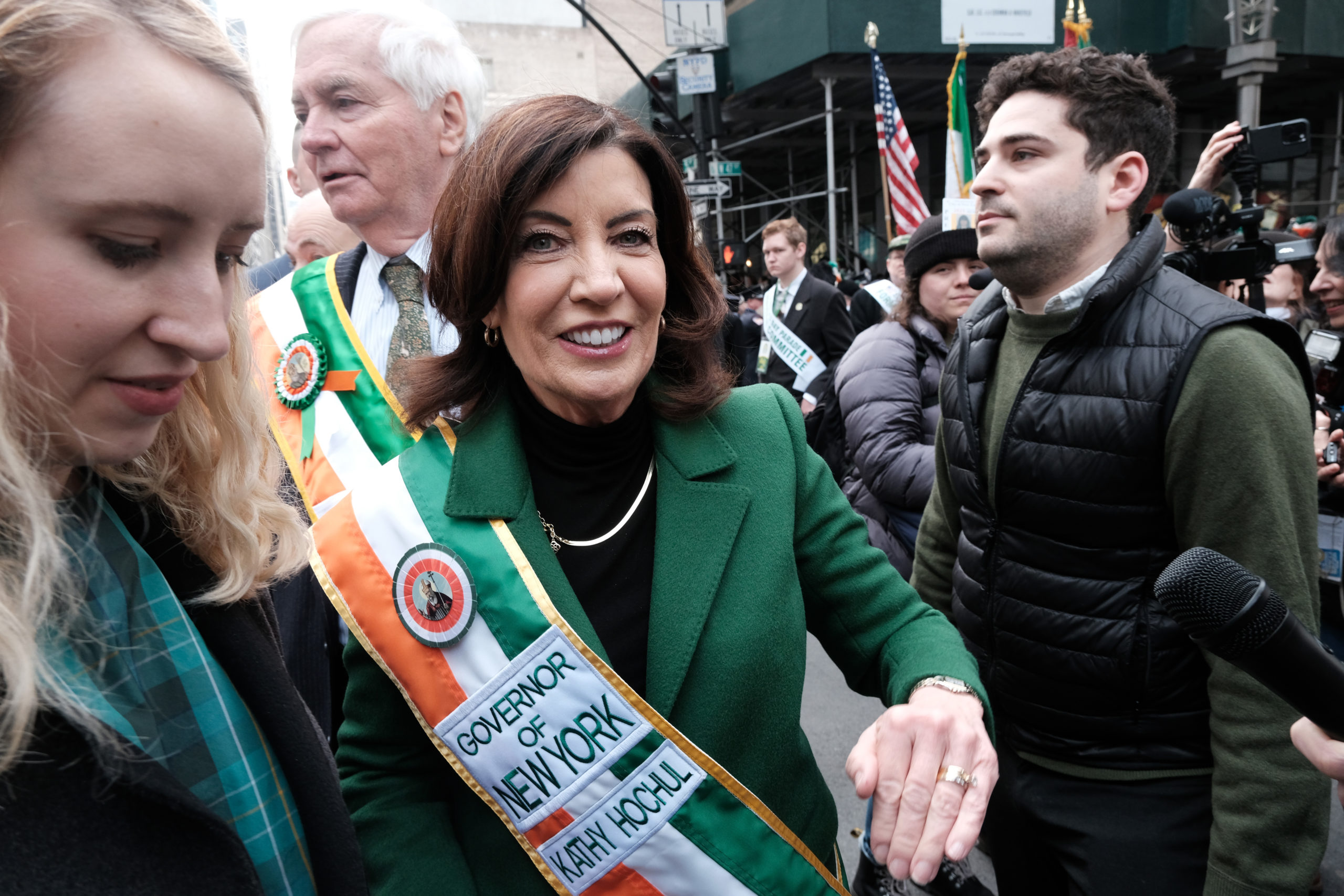 NEW YORK, NEW YORK - MARCH 17: New York Governor Kathy Hochul participates in the St. Patrick's Day Parade along 5th Ave. on March 17, 2023 in New York City. Known as the world's largest St. Patrick's Day Parade, dozens of bands, performers politicians, and other groups made their way up Fifth Avenue in a celebration of Irish heritage. (Photo by Spencer Platt/Getty Images)