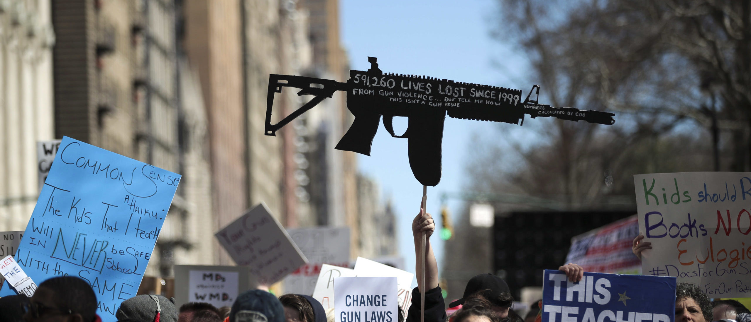 NEW YORK, NY - MARCH 24: Protestors attend the March For Our Lives just north of Columbus Circle, March 24, 2018 in New York City. (Photo by Drew Angerer/Getty Images)