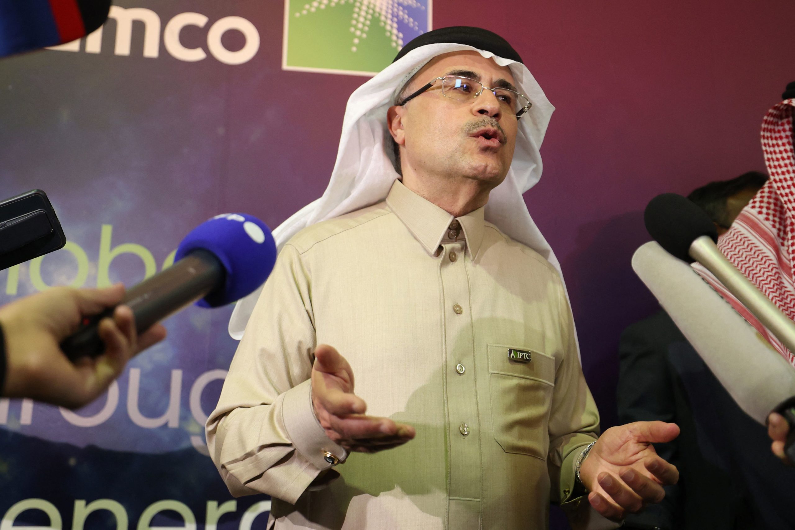 President and CEO of Saudi Aramco Amin Nasser addresses reporters at the opening ceremony of the International Petroleum Technology Conference (IPTC) in Riyadh, on February 21, 2022. (Photo by FAYEZ NURELDINE/AFP via Getty Images)
