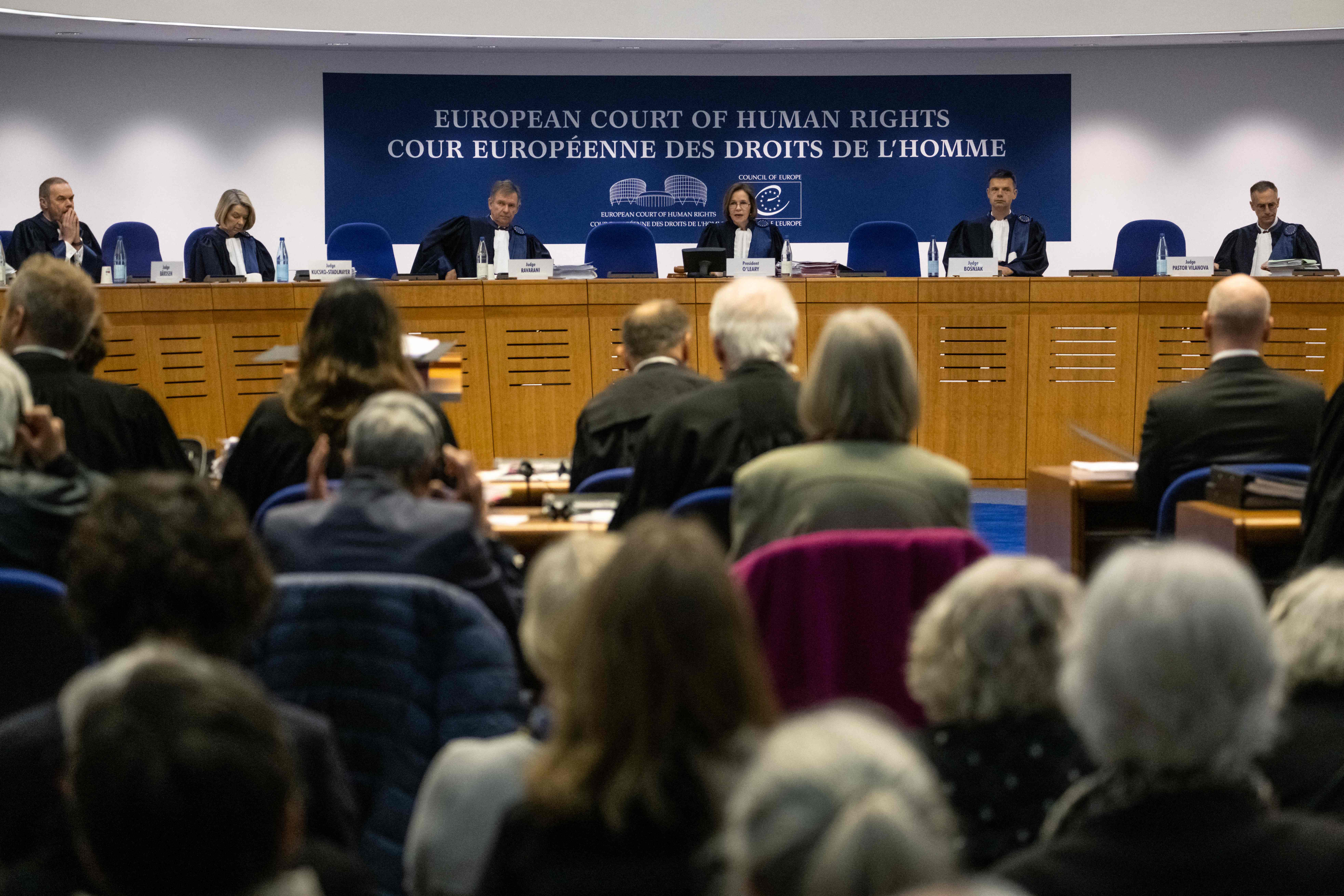 The court members of the European Court of Human Rights opens the hearing in two climate change cases involving France and Switzerland, in Strasbourg, eastern France on March 29, 2023. - In a first, the European Court of Human Rights (ECHR) on March 29, 2023, began hearing two climate change-related applications against France and Switzerland for failing to take sufficient action against its effects. (Photo by PATRICK HERTZOG/AFP via Getty Images)