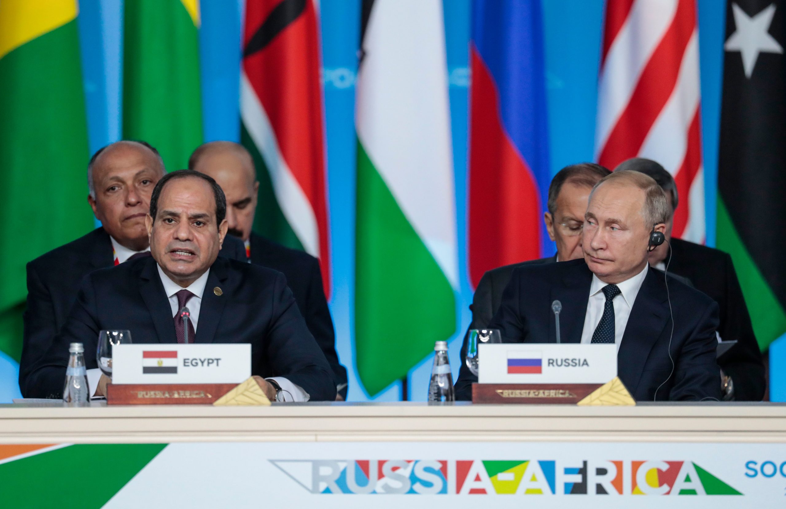 Egypt's President Abdel Fattah al-Sisi (L) and Russia's President Vladimir Putin (R) attend the first plenary session as part of the 2019 Russia-Africa Summit at the Sirius Park of Science and Art in Sochi, Russia, on October 24, 2019. 