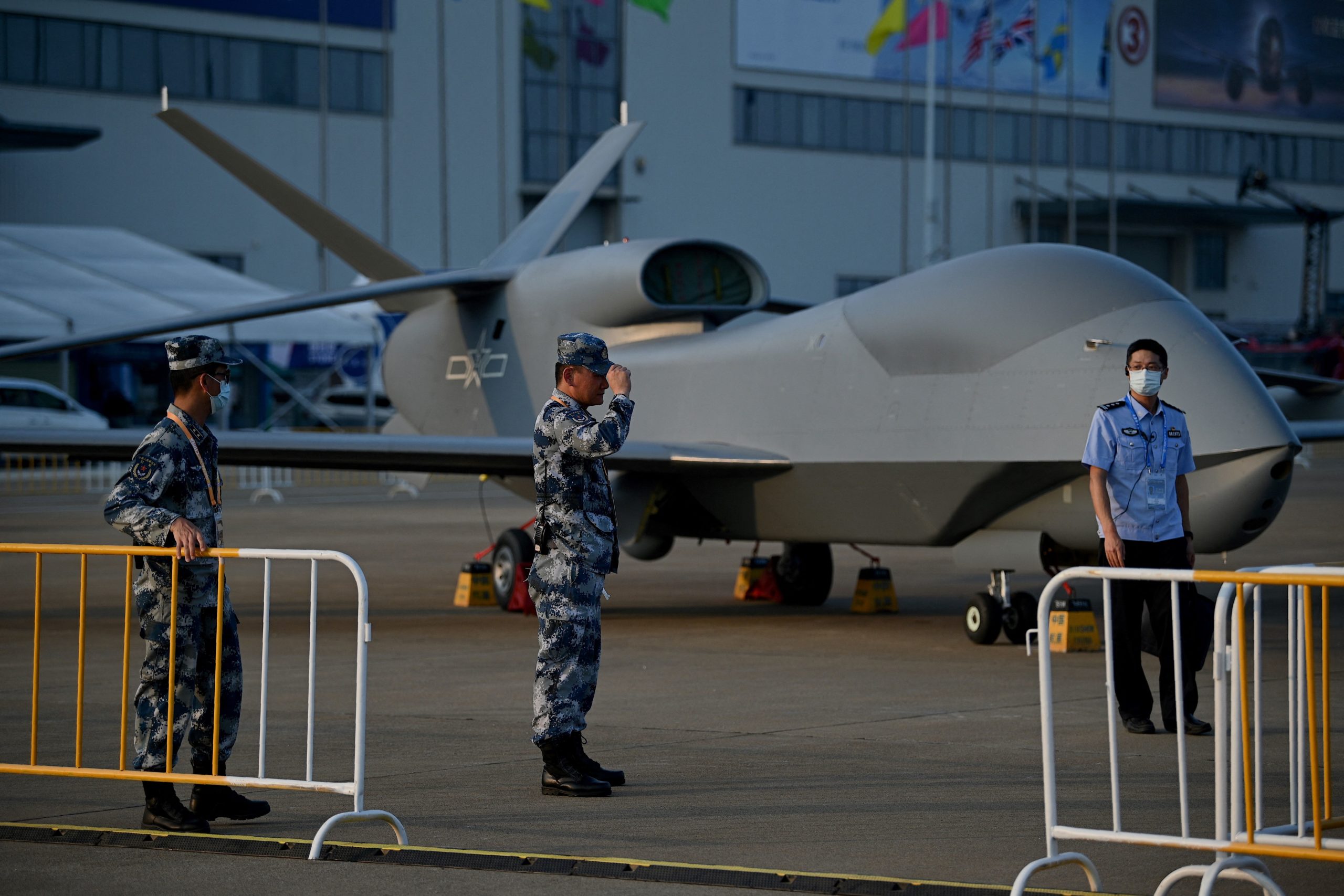 A People's Liberation Army (PLA) Air Force WZ-7 high-altitude reconnaissance drone is seen a day before the 13th China International Aviation and Aerospace Exhibition in Zhuhai in southern China's Guangdong province on September 27, 2021. (Photo by Noel Celis / AFP)