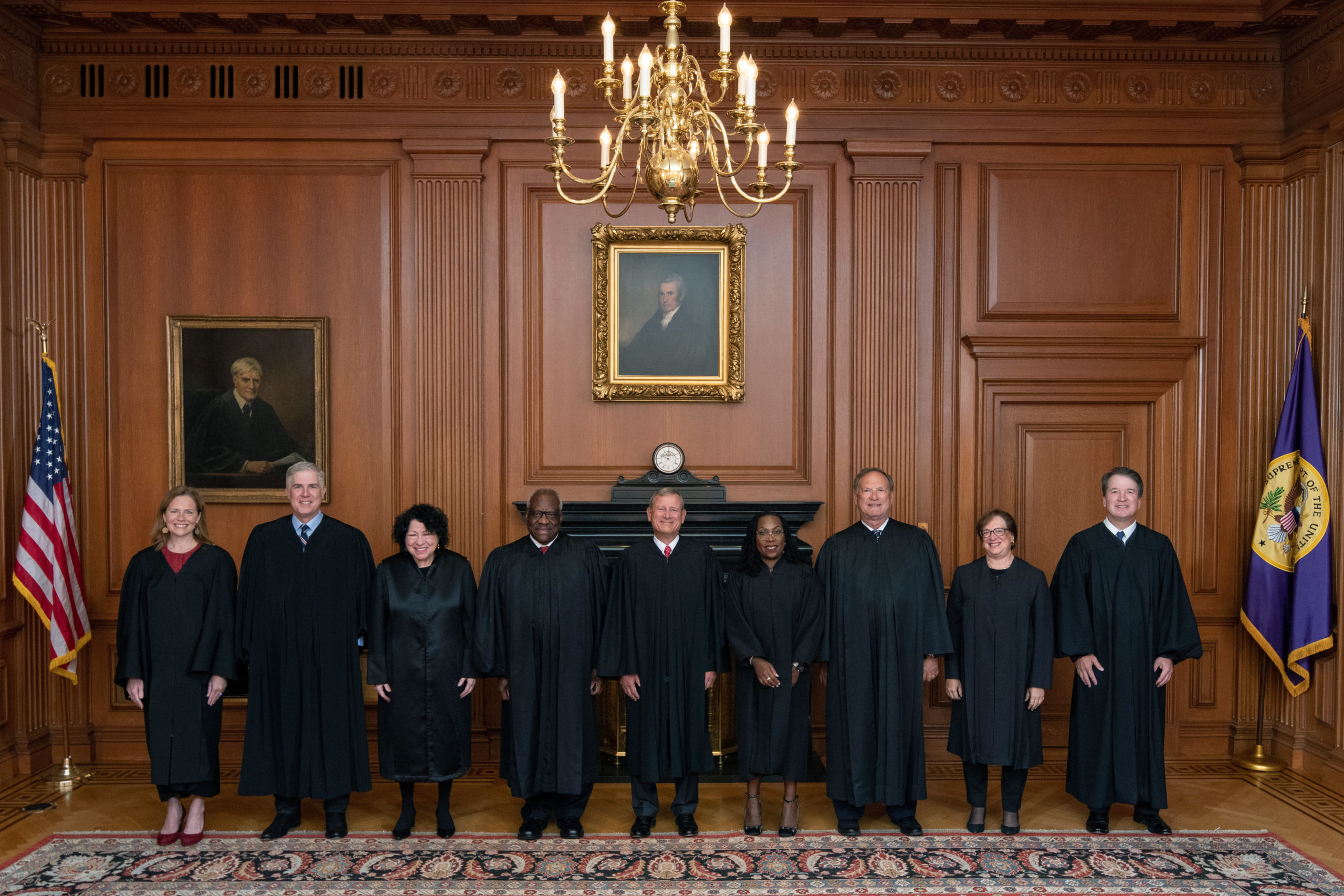 WASHINGTON, DC - SEPTEMBER 30: (EDITORIAL USE ONLY) In this handout provided by the Collection of the Supreme Court of the United States, Members of the Supreme Court (L-R) Associate Justices Amy Coney Barrett, Neil M. Gorsuch, Sonia Sotomayor, and Clarence Thomas, Chief Justice John G. Roberts, Jr., and Associate Justices Ketanji Brown Jackson, Samuel A. Alito, Jr., Elena Kagan, and Brett M. Kavanaugh pose in the Justices Conference Room prior to the formal investiture ceremony of Associate Justice Ketanji Brown Jackson September 30, 2022 in Washington, DC. President Joseph R. Biden, Jr., First Lady Dr. Jill Biden, Vice President Kamala Harris, and Second Gentleman Douglas Emhoff attended as guests of the Court. On June 30, 2022, Justice Jackson took the oaths of office to become the 104th Associate Justice of the Supreme Court of the United States. (Photo by Collection of the Supreme Court of the United States via Getty Images)