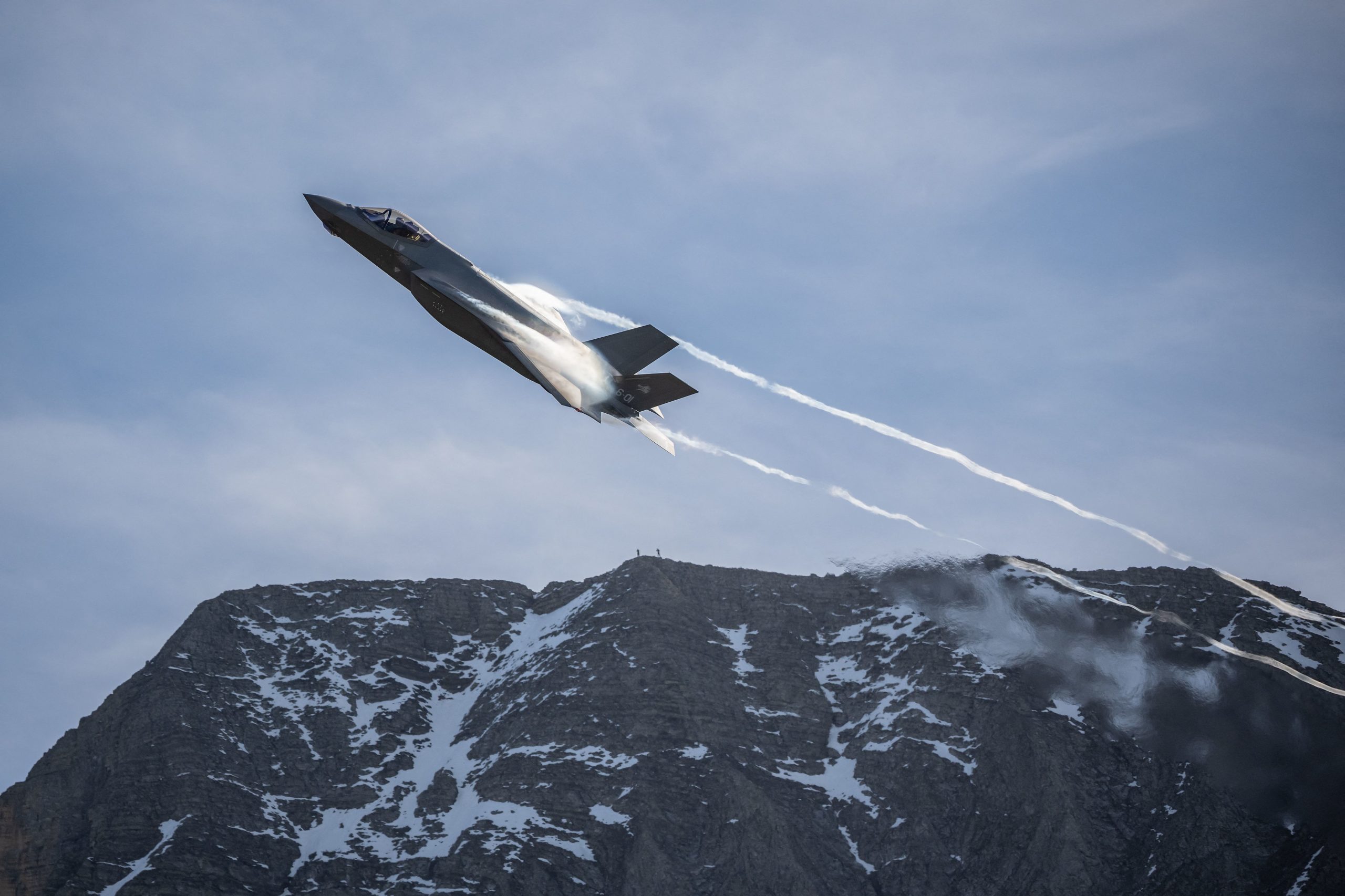An Italian Air Force Lockheed Martin F-35A Lightning II performs during the annual live fire event over the Axalp in the Bernese Oberland, on October 19, 2022. - At an altitude of 2,200 meters above sea level, spectators attended a unique aviation display performed at the highest air force firing range in Europe. (Photo by Fabrice COFFRINI / AFP) (Photo by FABRICE COFFRINI/AFP via Getty Images)