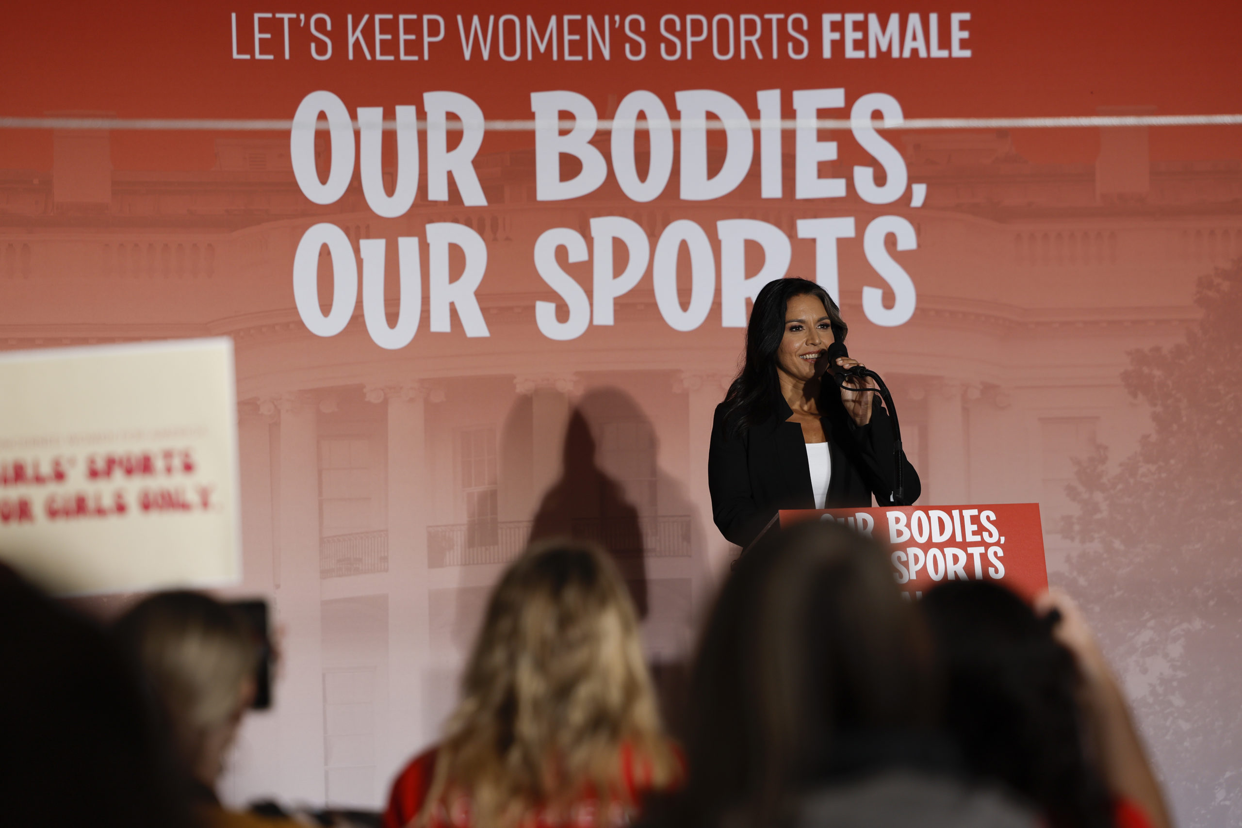 Former U.S. Rep. Tulsi Gabbard (D-HI) speaks at an "Our Bodies, Our Sports" rally to mark the 50th anniversary of Title IX at Freedom Plaza on June 23, 2022 in Washington, DC. 