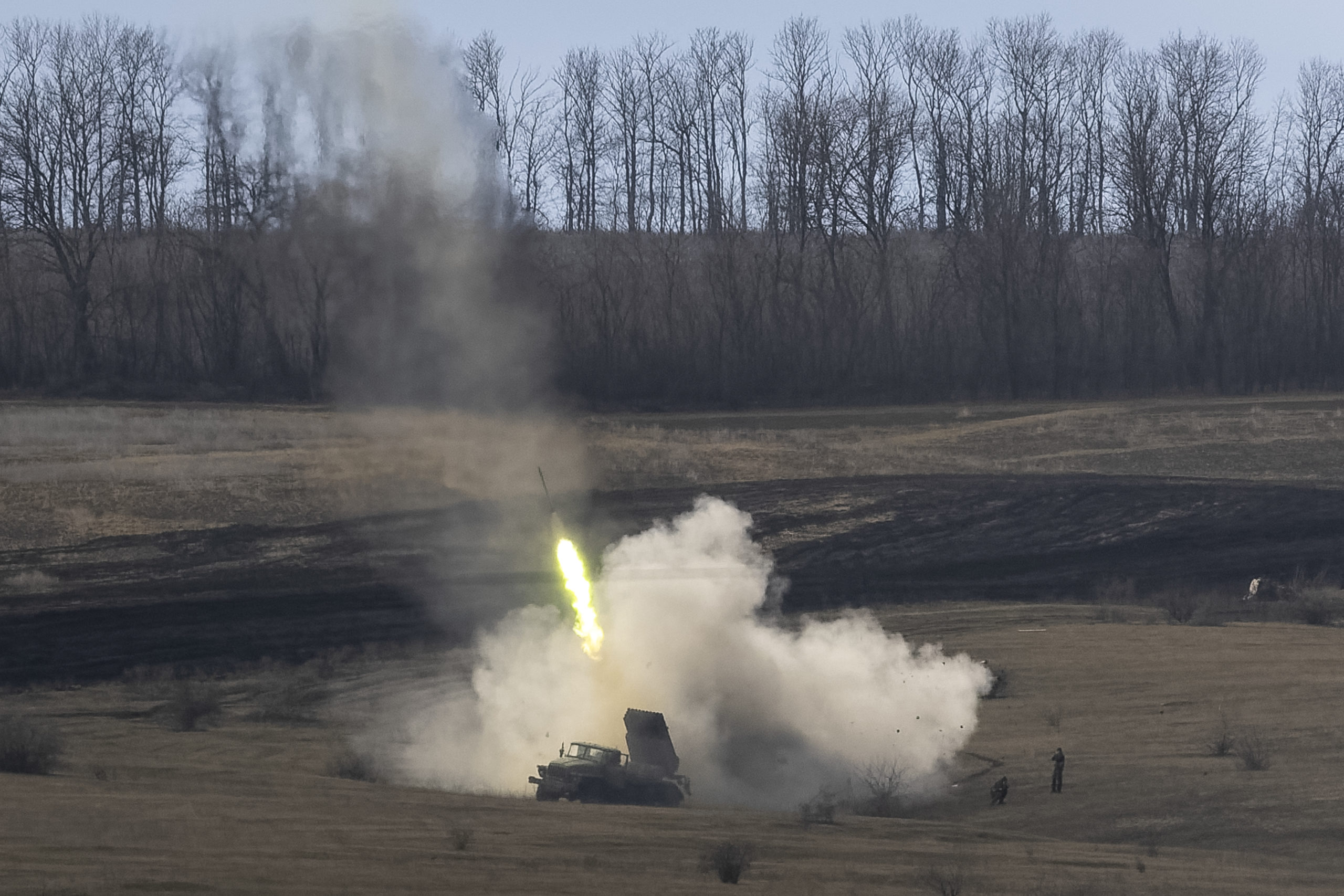 DONETSK REGION, UKRAINE - MARCH 02: Ukrainian Army troops fire BM-21 "Grad" rockets at Russian positions on March 02, 2023 in the Donetsk Region of eastern Ukraine. Last February, Russia's military invaded Ukraine from three sides and launched airstrikes across the country. Since then, Moscow has withdrawn from north and central parts of Ukraine, focusing its assault on the eastern Donbas region, where it had supported a separatist movement since 2014.