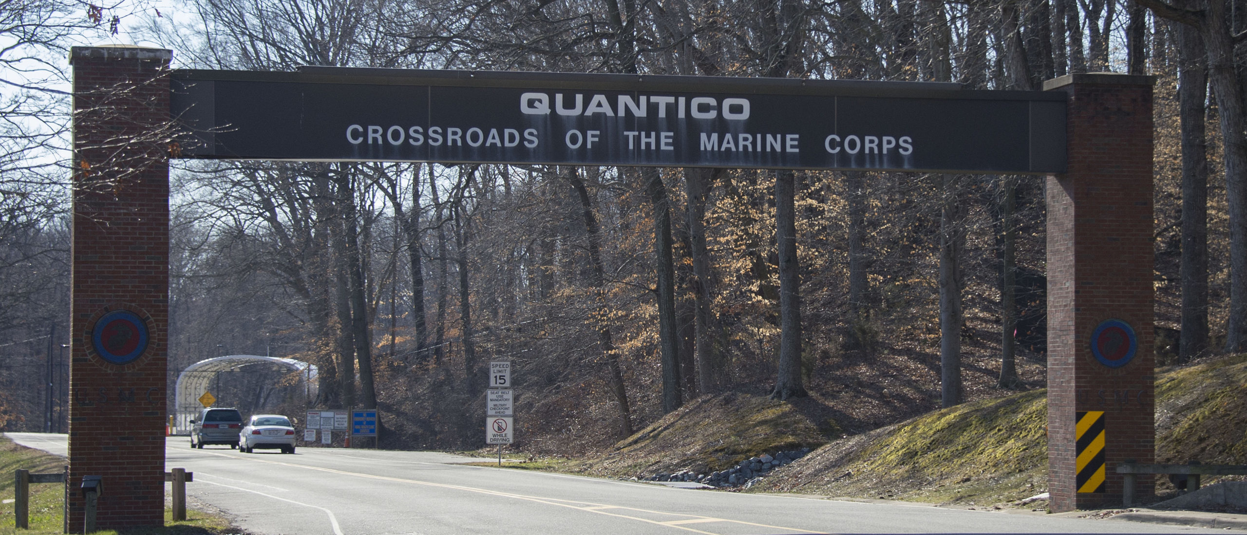 The main gate of the US Marine Corps Base in Quantico, Virginia, on March 22, 2013. A US Marine shot and killed two colleagues late March 21, 2013 before apparently turning the gun on himself at the base, the US Defense Department said on March 22. The suspected shooter and the victims were Marines who worked at an officer candidate school at the base, said base spokesman Sergeant Christopher Zahn.