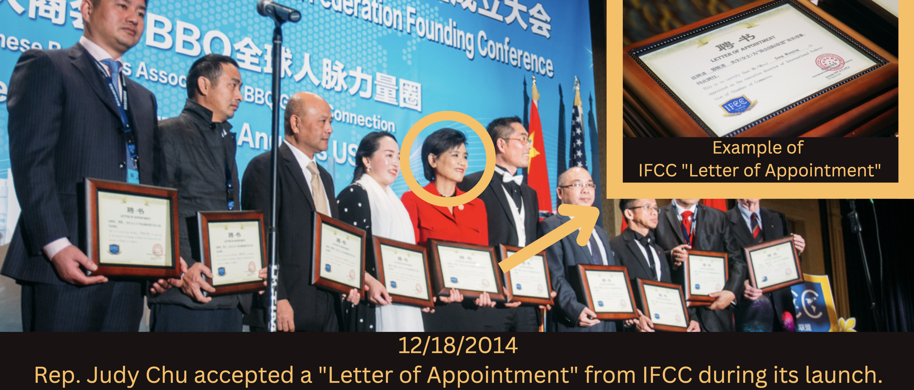 On Dec. 18, 2014, Rep. Judy Chu personally accepted a "Letter of Appointment" as "co-chair" on stage during the launch ceremony of the "International Federation of Chamber of Commerce" alongside the organization's other leadership. [Image created by the Daily Caller News Foundation using images from the website of U.S.-Chinese General Chamber of Commerce's website]