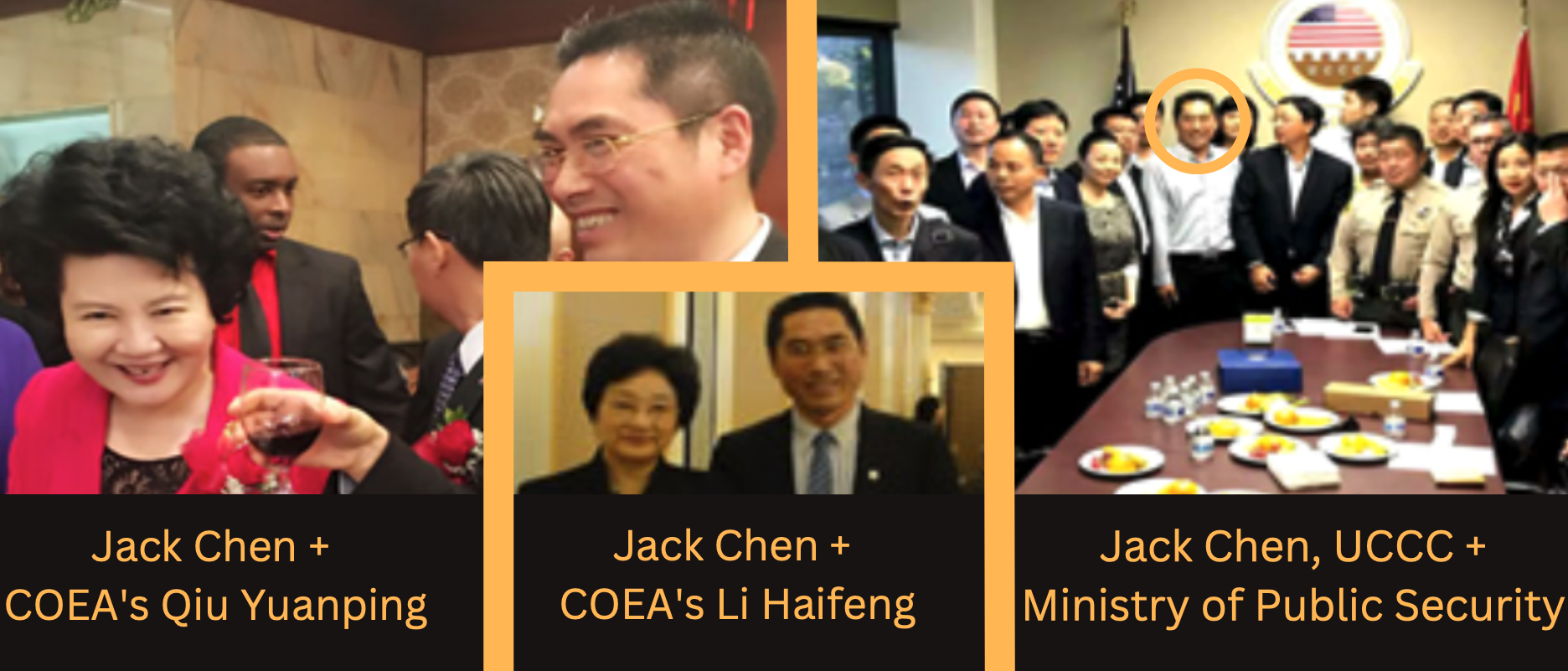 UCCC's head, Jack Chen, whose Chinese name is Chen Jinjie, has met with COEA leaders such as Qiu Yuanping and Li Haifeng, and also welcomed Ministry of Public Security personnel to UCCC's California headquarters. [Image created by the Daily Caller News Foundation using images from the website of U.S.-Chinese General Chamber of Commerce's website]