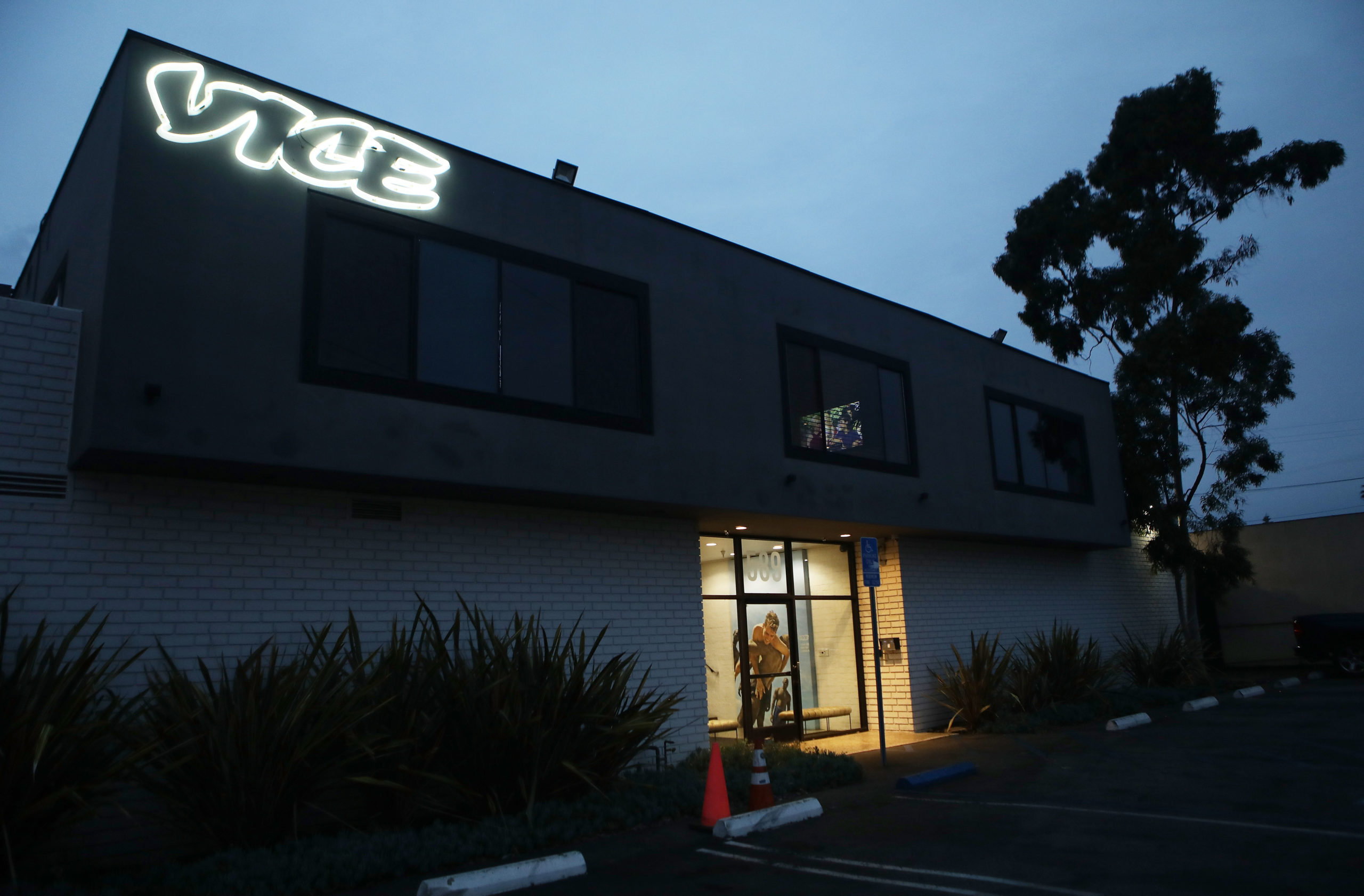 VENICE, CA - FEBRUARY 01: Vice Media offices display the Vice logo at dusk on February 1, 2019 in Venice, California. (Photo by Mario Tama/Getty Images)