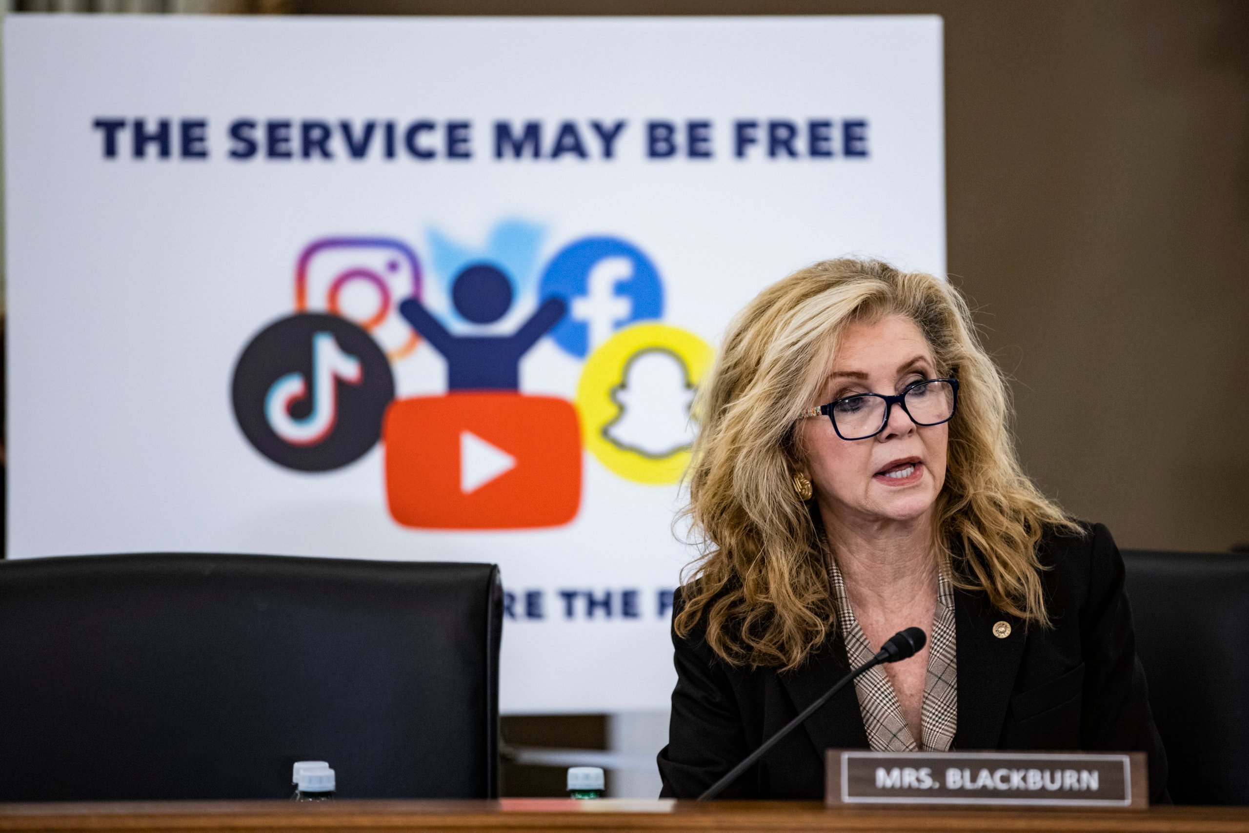 Ranking Member Sen. Marsha Blackburn (R-TN) speaks during a Senate Subcommittee on Consumer Protection, Product Safety, and Data Security hearing on Protecting Kids Online: Snapchat, TikTok, and YouTube on October 26, 2021 in Washington, DC. Social media companies have come under increased scrutiny after a whistleblower exposed controversial issues with Facebook and how they utilized algorithms to increase user engagement. (Photo by Samuel Corum/Getty Images)