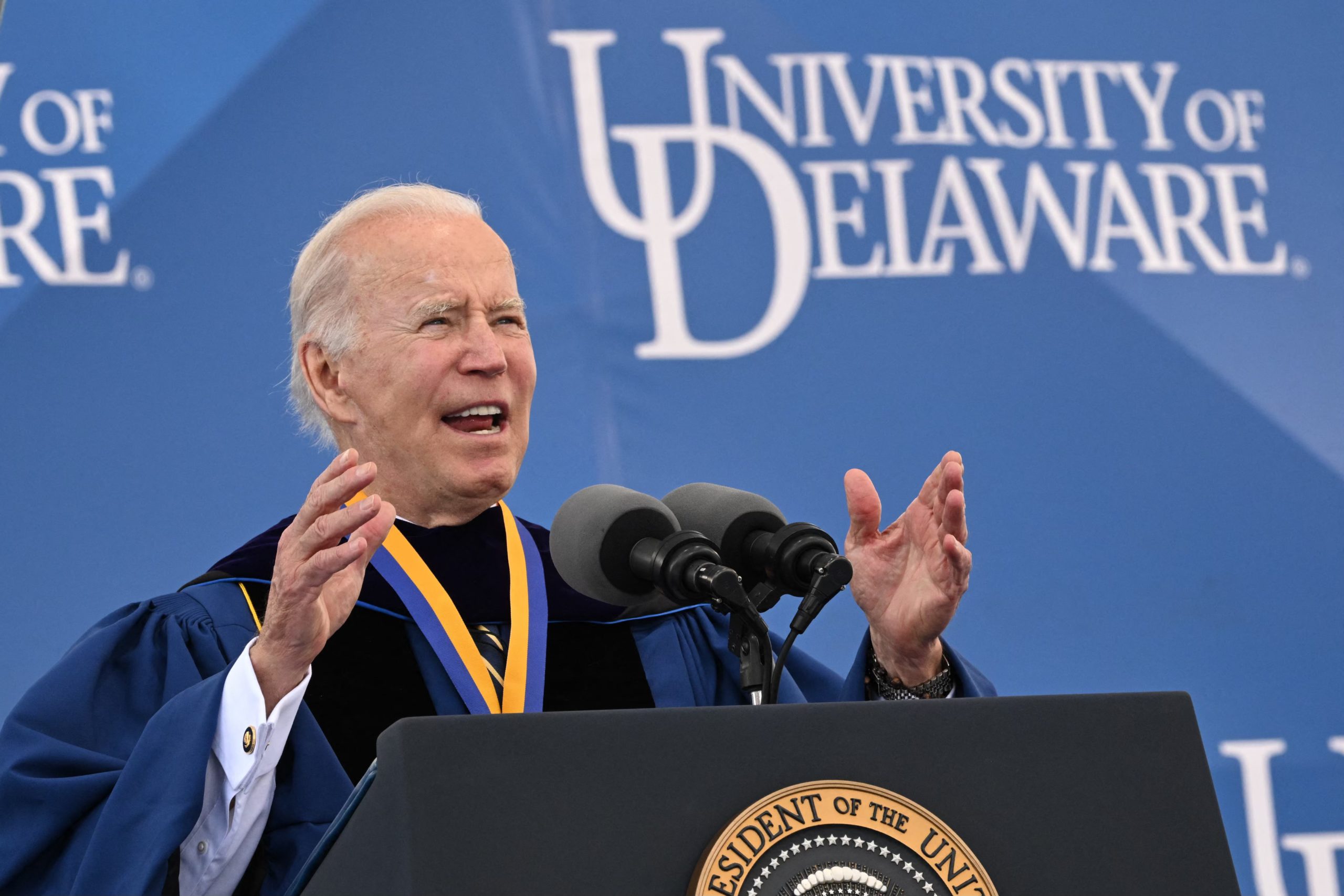 US President Joe Biden delivers the commencement address for his alma mater, the University of Delaware, at Delaware Stadium, in Newark, Delaware, on May 28, 2022. 