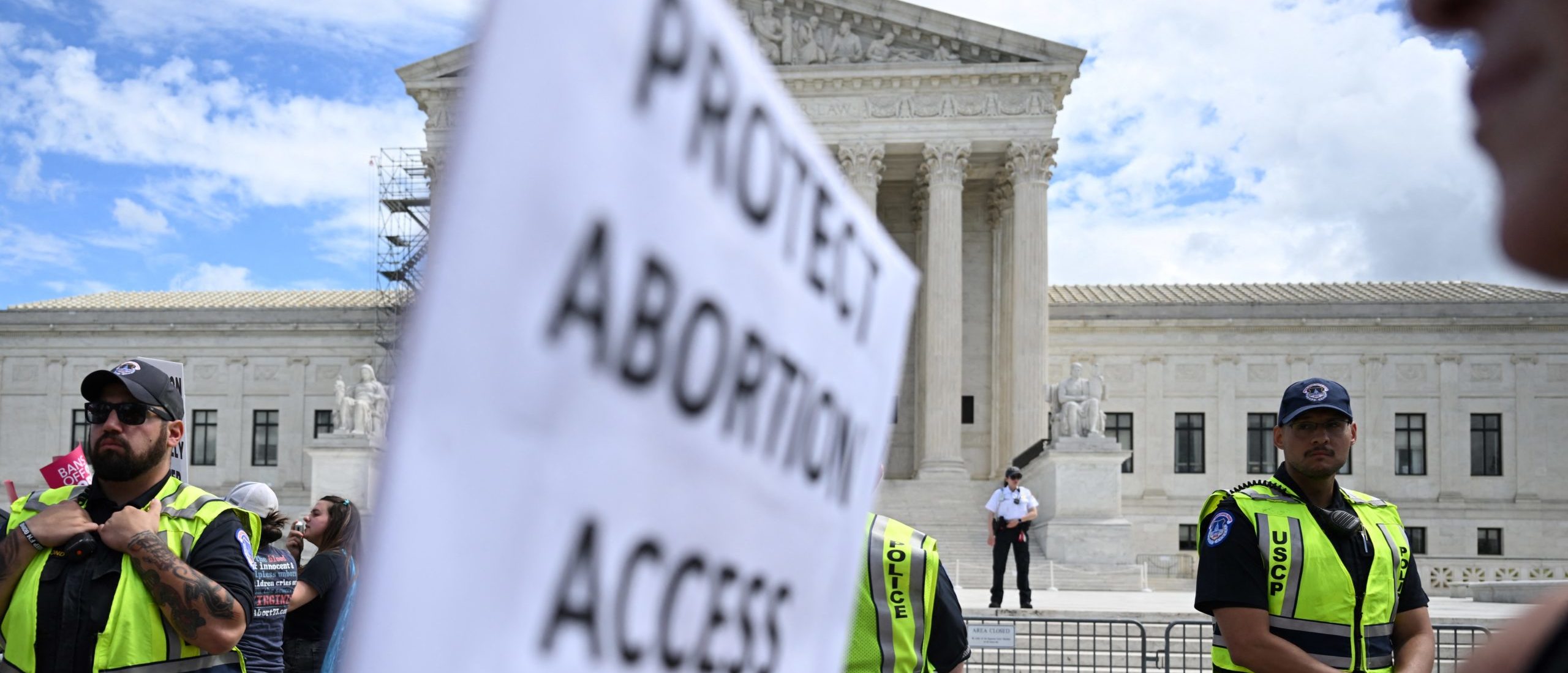 Demonstrators rally in support of abortion rights at the US Supreme Court in Washington, DC, April 15, 2023.