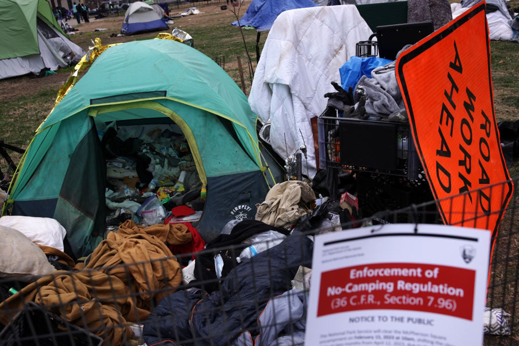 WASHINGTON, DC - FEBRUARY 15: Belongings that occupants have left behind are seen as the National Park Service clear the homeless encampment at McPherson Square on February 15, 2023 in Washington, DC. The National Park Service, under the request of the DC government, cleared the largest homeless encampment in the city that was once occupied by about 70 people. (Photo by Alex Wong/Getty Images)