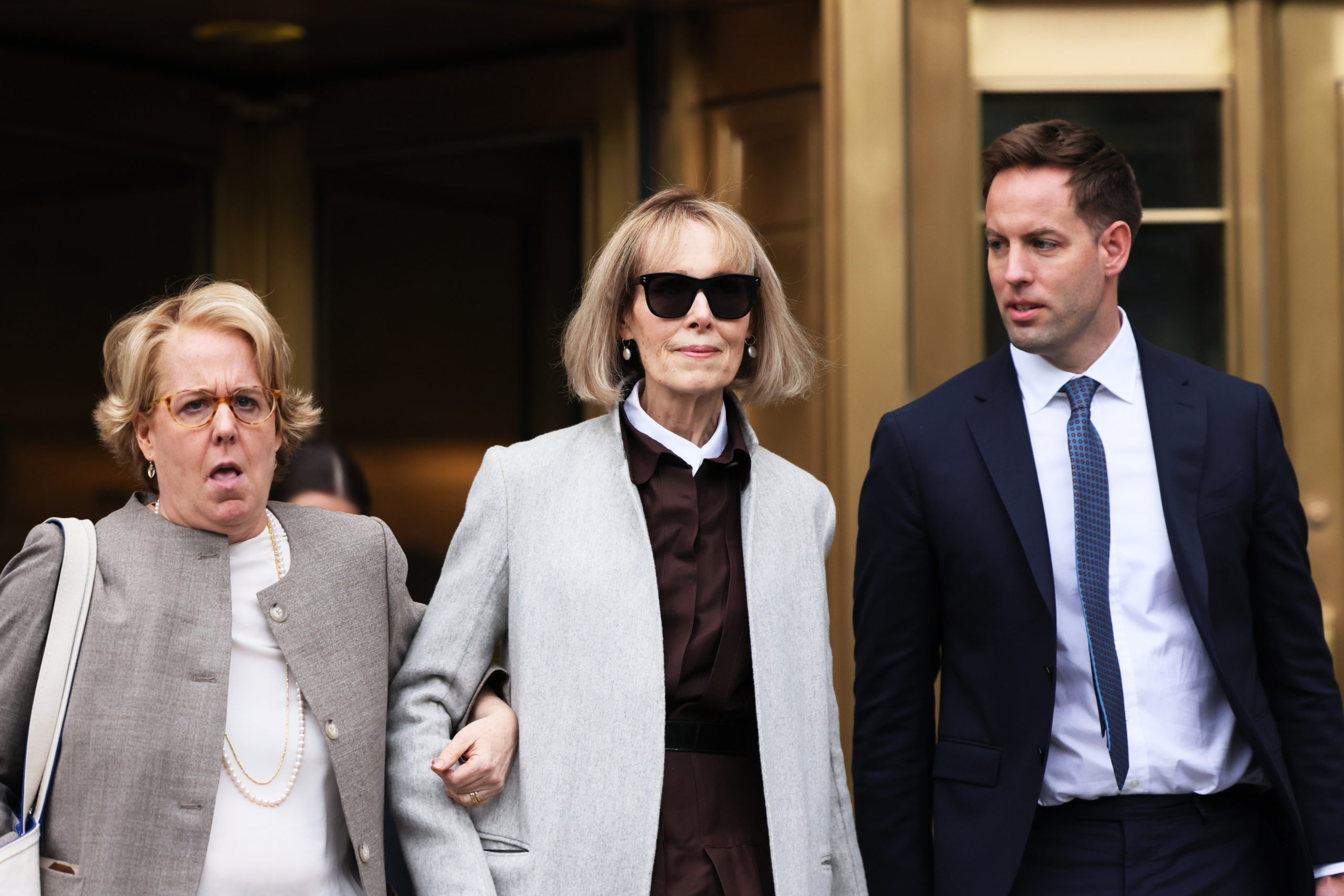 NEW YORK, NEW YORK - APRIL 25: Magazine Columnist E. Jean Carroll leaves after the first day of her civil trial against former President Donald Trump at Manhattan Federal Court on April 25, 2023 in New York City. Jury selections begin in the Carroll civil trial against the former president, which she alleges attacked and sexually assaulted her in a dressing room of a luxury department store in the 1990s. The lawsuit comes after the passage of the Adult Survivors Act, a 2022 New York law that gave a one-year window beginning in November of that year for people to sue their alleged assailants even if the statute of limitations had expired, which had happened in Carroll’s case. The former president has stated that this never happened and has denied meeting her. (Photo by Michael M. Santiago/Getty Images)