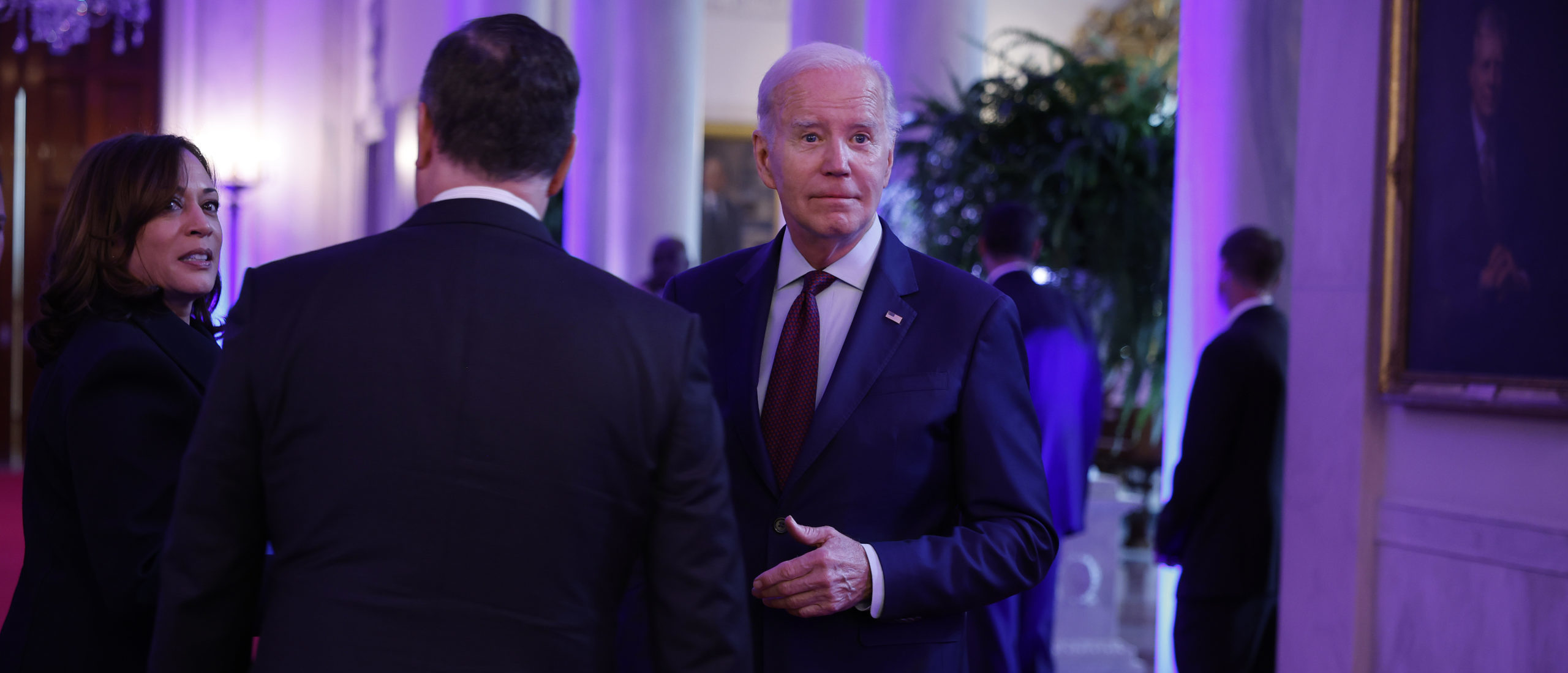 WASHINGTON, DC - MAY 16: U.S. President Joe Biden, Vice President Kamala Harris (L) and second gentleman Doug Emhoff depart a celebration to mark Jewish American Heritage Month in the East Room of the White House on May 16, 2023 in Washington, DC. Tony Award nominees Ben Platt and Micaela Diamond performed music from "Parade" during the event, which focused on the Biden Administration's efforts to combat rising antisemitism. (Photo by Chip Somodevilla/Getty Images)