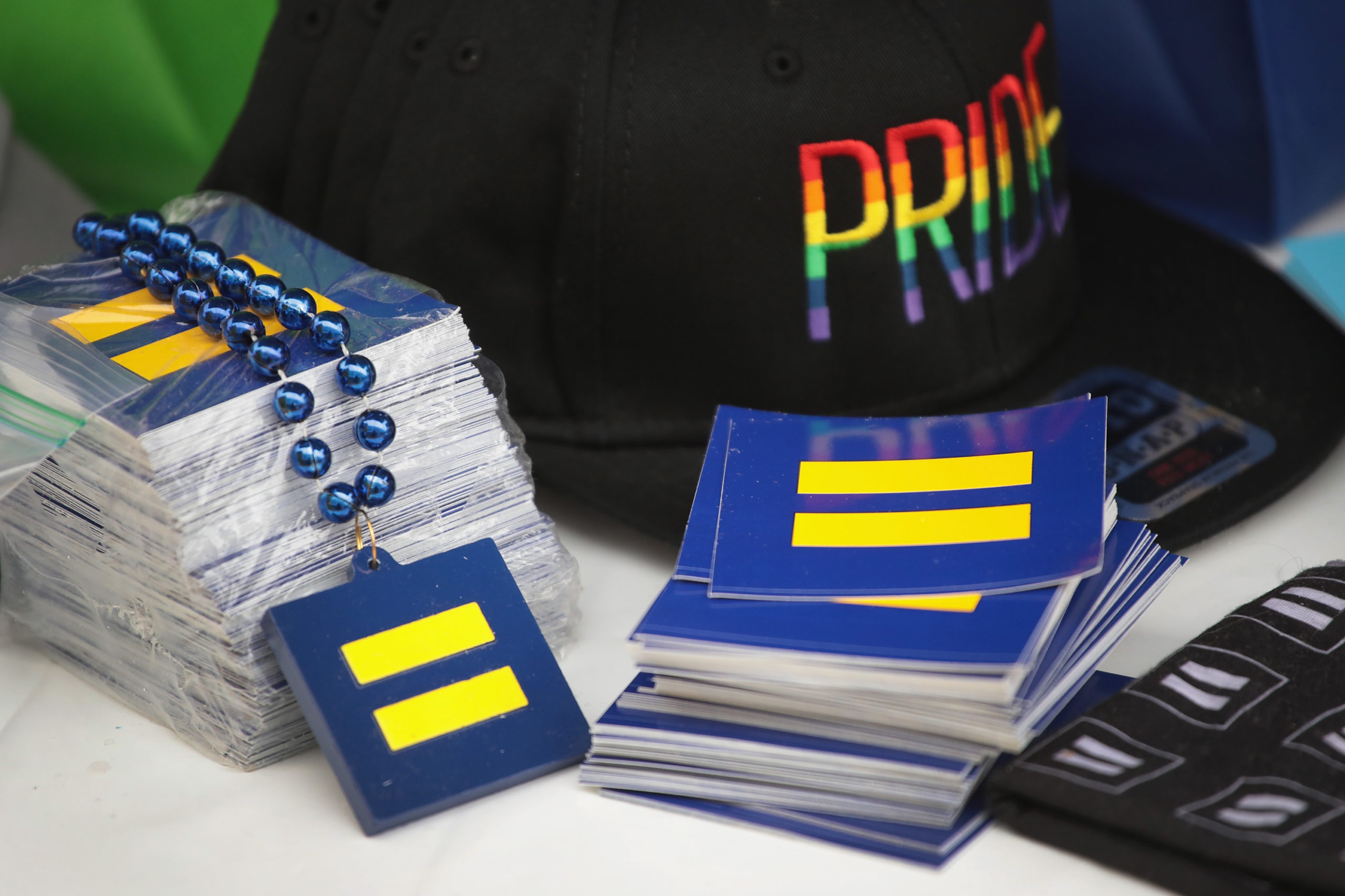 Merchandise if offered for sale at the Columbus Pride Festival on April 14, 2018 in Columbus, Indiana. The festival was the first LGBT pride event for the community which is the hometown of Vice President Mike Pence, a vocal opponent of LGBT issues. The festival, organized by high school senior Erin Bailey, drew hundreds of visitors to the small community located about 45 miles south of Indianapolis. (Photo by Scott Olson/Getty Images)