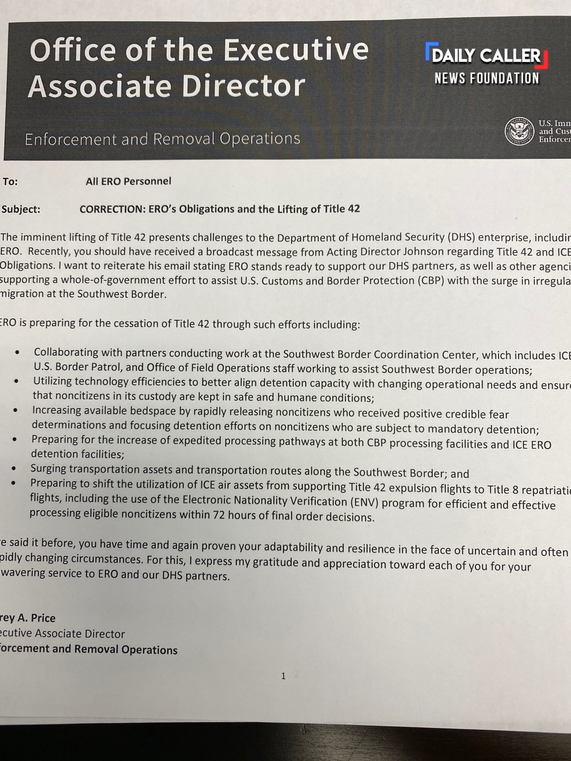 ICE memo obtained by the Daily Caller News Foundation