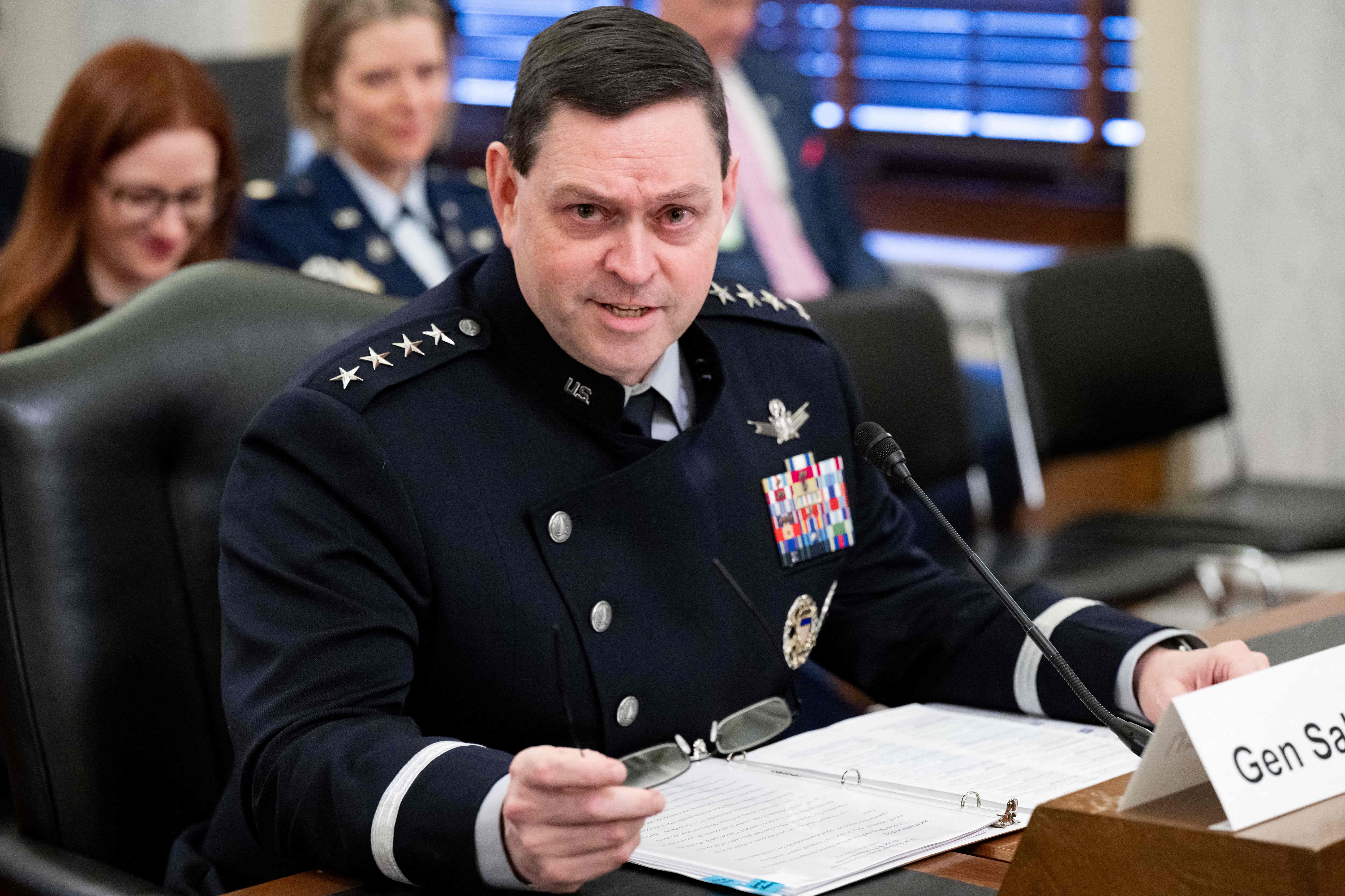 US Space Force General B. Chance Saltzman, Chief of Space Operations, testifies about the Fiscal Year 2024 Budget request during a Senate Armed Services Subcommittee on Strategic Forces hearing on Capitol Hill in Washington, DC, March 14, 2023. 