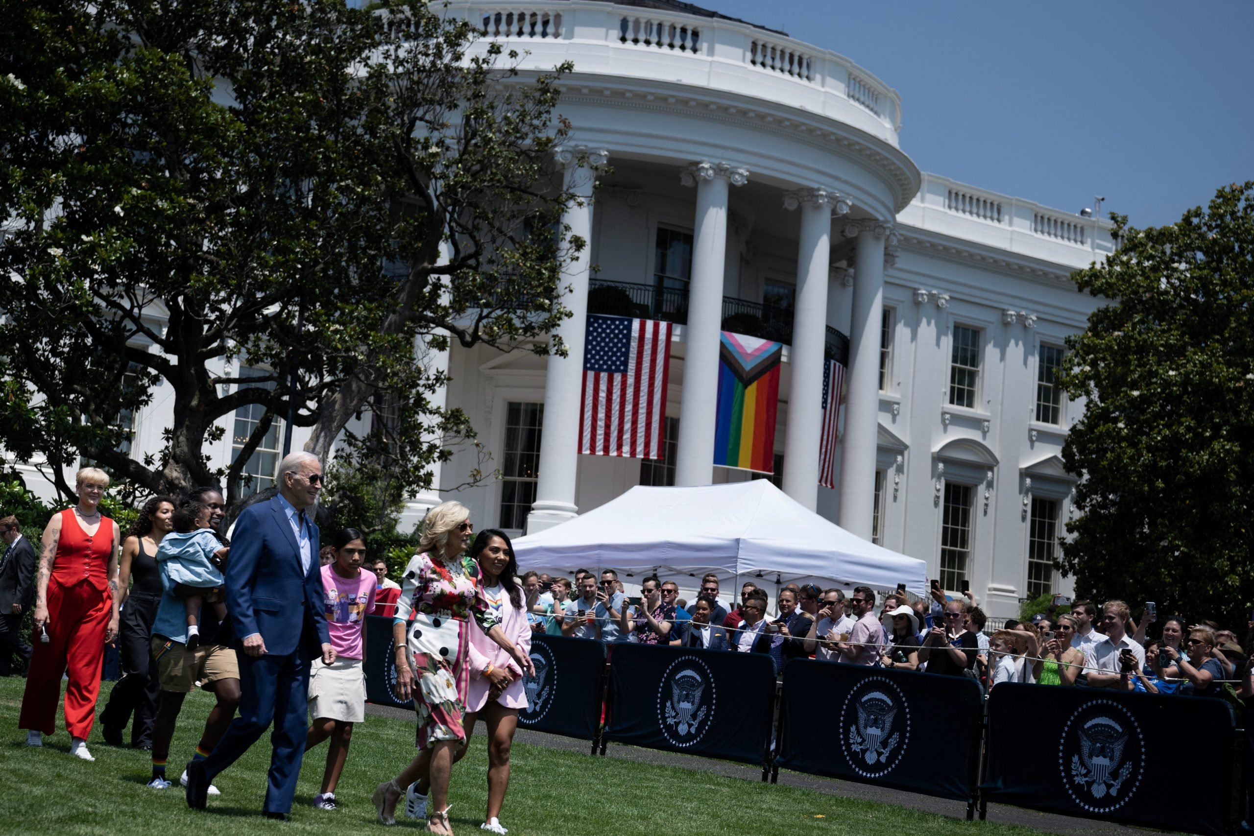 US President Joe Biden, US First Lady Jill Biden, and Australian-US singer-songwriter Betty Who arrive for a Pride celebration on the South Lawn of the White House in Washington, DC, on June 10, 2023. (Photo by Brendan Smialowski / AFP) (Photo by BRENDAN SMIALOWSKI/AFP via Getty Images)