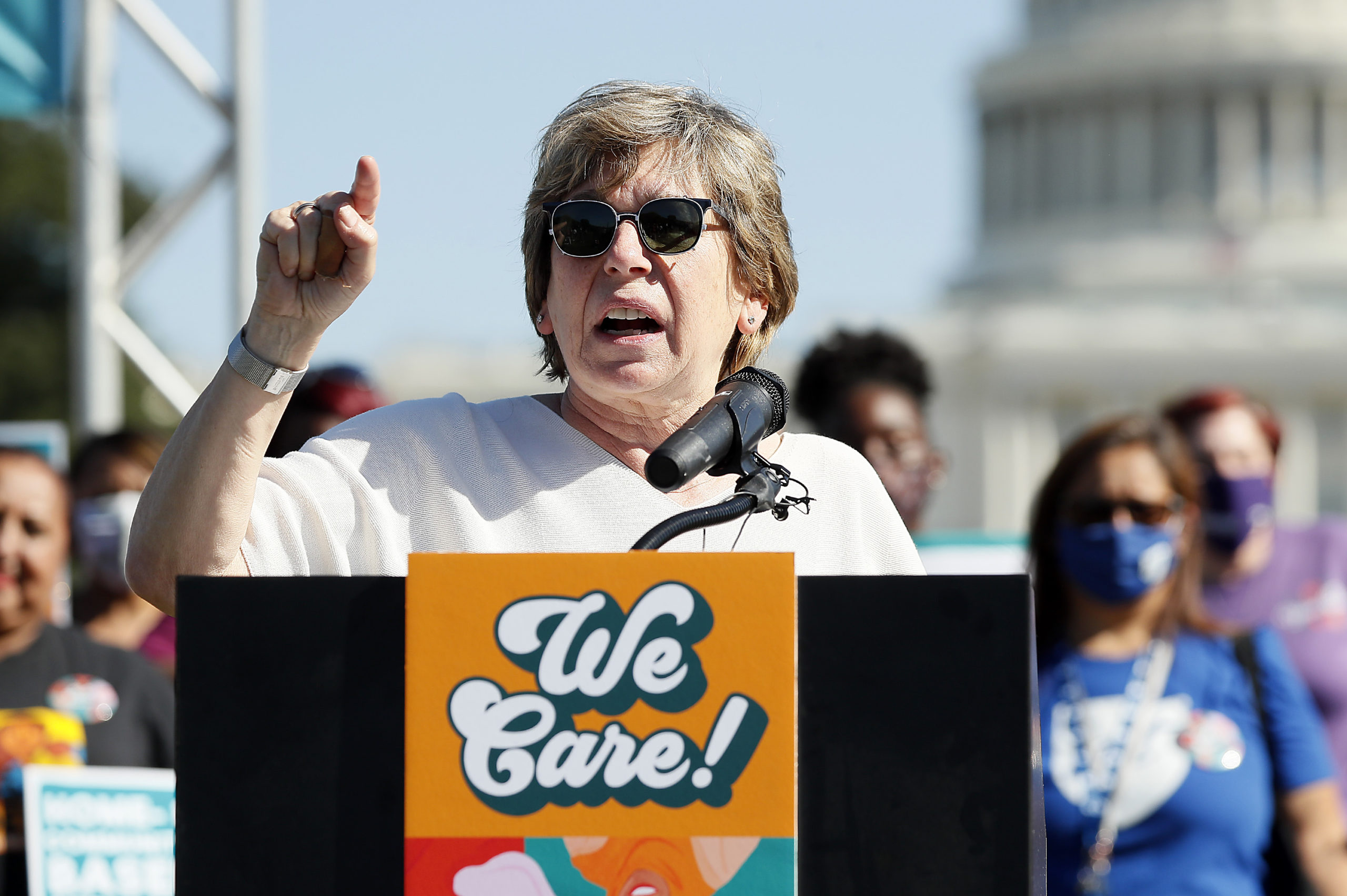 WASHINGTON, DC - OCTOBER 21: Randi Weingarten, president of the American Federation of Teachers, along with members of Congress, parents and caregiving advocates hold a press conference supporting Build Back Better investments in home care, childcare, paid leave and expanded CTC payments in front of the U.S. Capitol Building on October 21, 2021 in Washington, DC. (Photo by Paul Morigi/Getty Images for MomsRising Together)