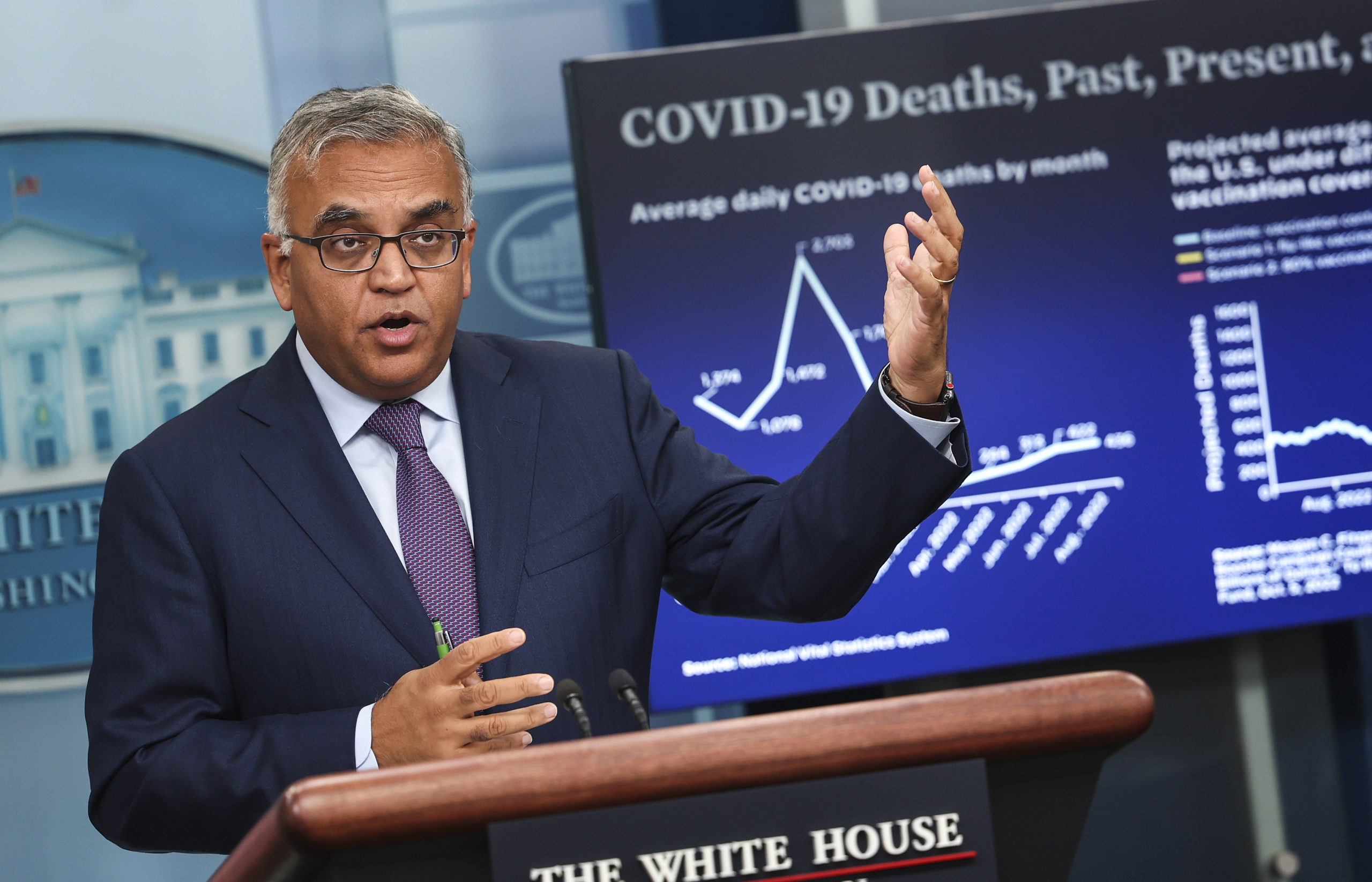 WASHINGTON, DC - OCTOBER 11: White House COVID-19 Response Coordinator Dr. Ashish Jha speaks at the daily press briefing at the White House on October 11, 2022 in Washington, DC. (Photo by Kevin Dietsch/Getty Images)