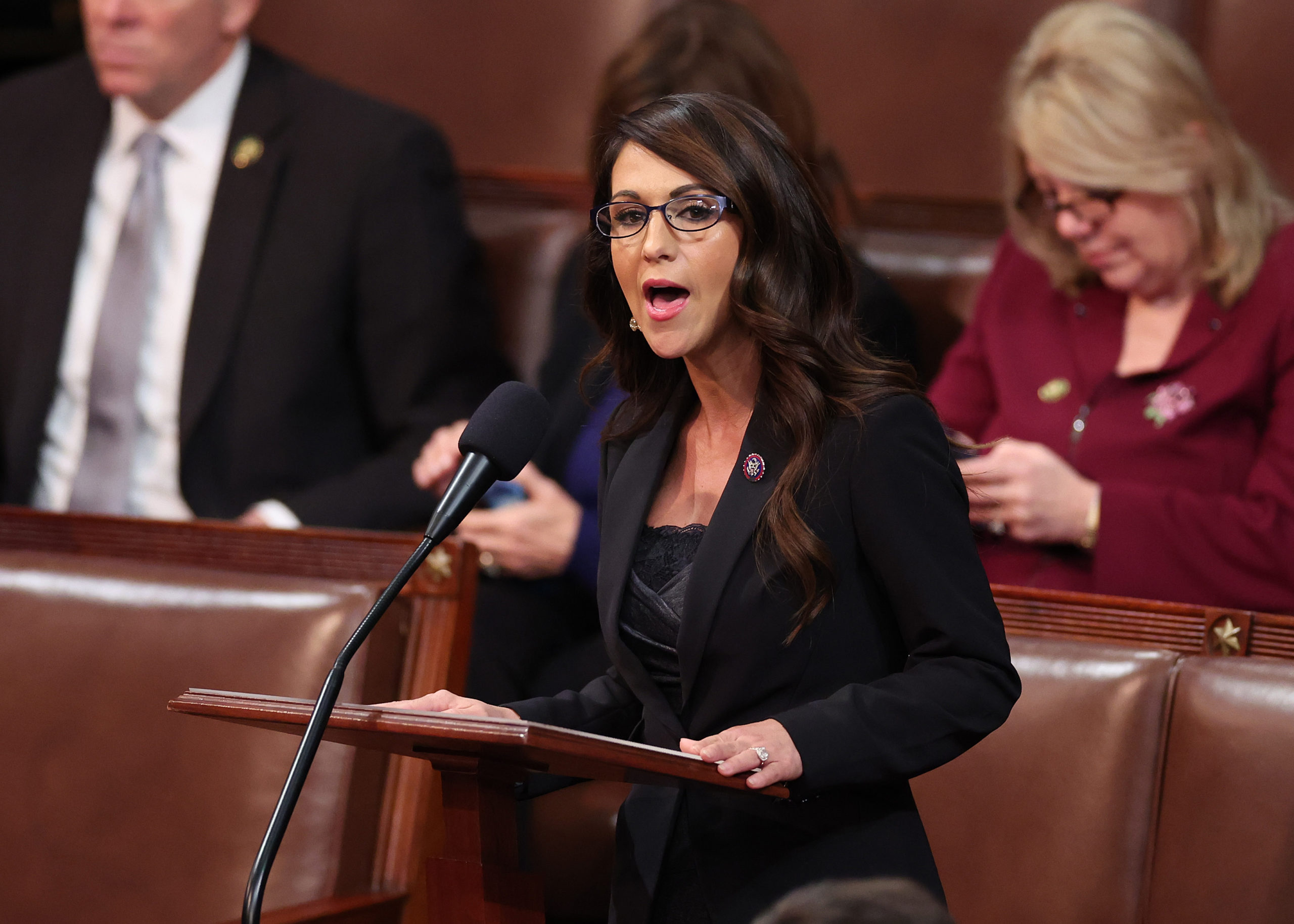 WASHINGTON, DC - JANUARY 06: U.S. Rep.-elect Lauren Boebert (R-CO) delivers remarks in the House Chamber during the fourth day of elections for Speaker of the House at the U.S. Capitol Building on January 06, 2023 in Washington, DC. (Photo by Win McNamee/Getty Images)