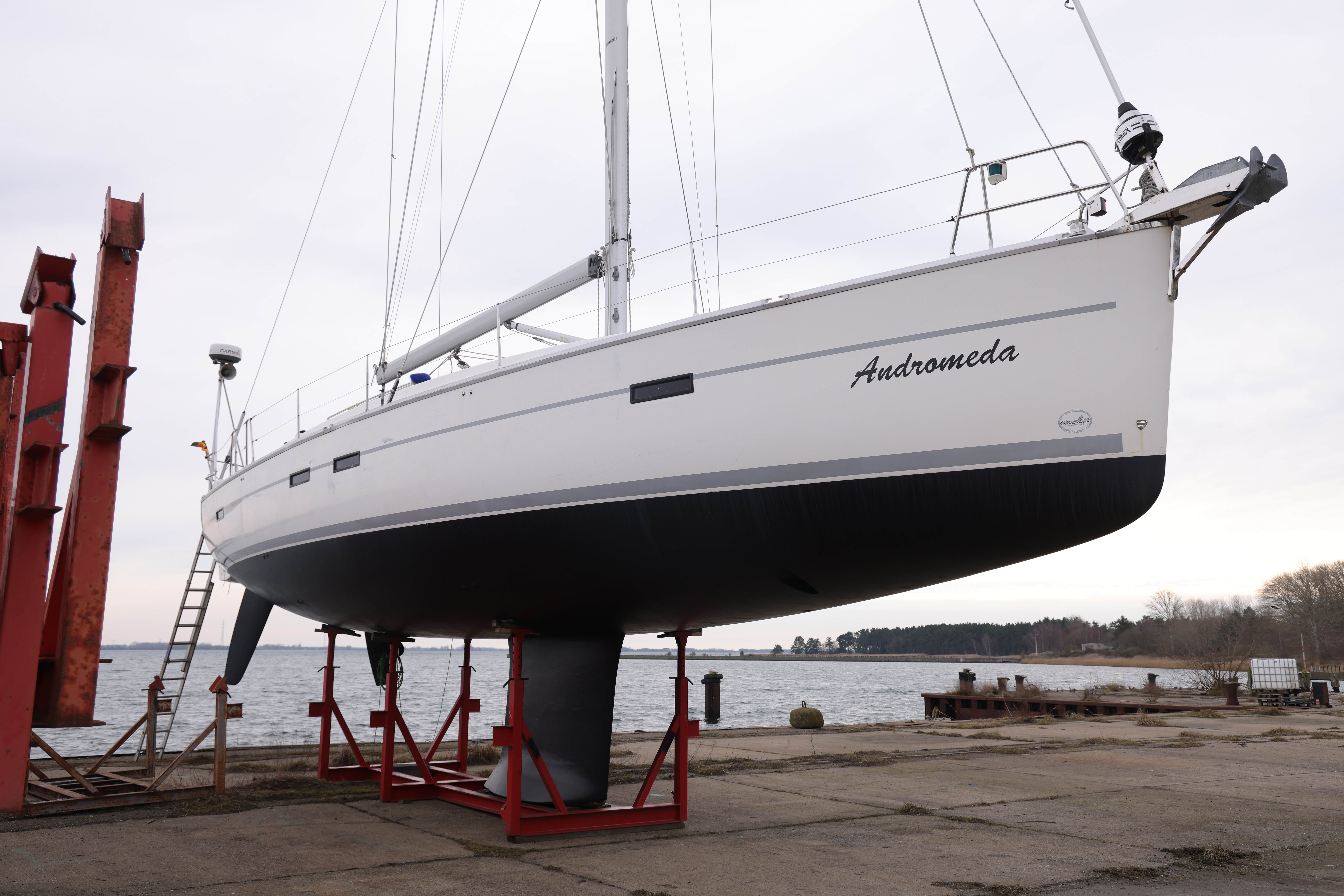DRANSKE, GERMANY - MARCH 17: The Andromeda, a 50-foot Bavaria 50 Cruiser recreational sailing yacht, stands in dry dock on the headland of Bug on Ruegen Island on March 17, 2023 near Dranske, Germany. According to media reports, German investigators searched the boat recently and suspect a six-person crew used it to sail to the Baltic Sea and plant explosives that detonated on the Nord Stream pipeline in September of 2022, causing extensive damage. Investigators reportedly found traces of explosives on the table inside the yacht. While initial findings point to a possible Ukrainian connection to the sabotage operation, many questions remain open. 