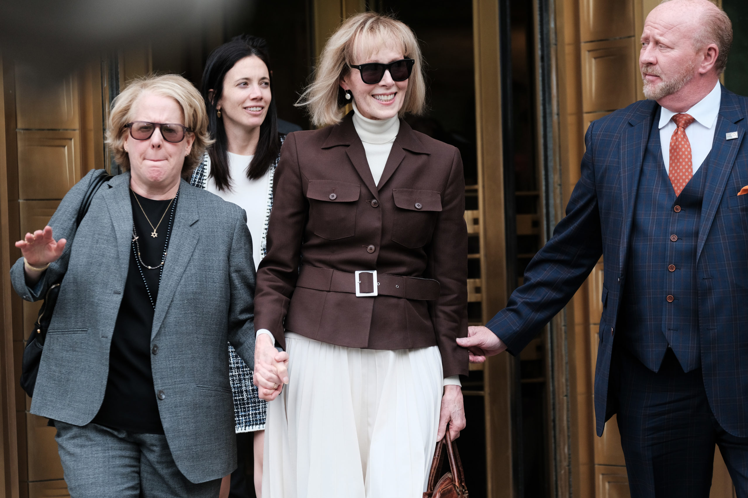 NEW YORK, NEW YORK - MAY 09: Writer E. Jean Carroll leaves a Manhattan court house after a jury found former President Donald Trump liable for sexually abusing her in a Manhattan department store in the 1990's on May 09, 2023 in New York City. (Photo by Spencer Platt/Getty Images)