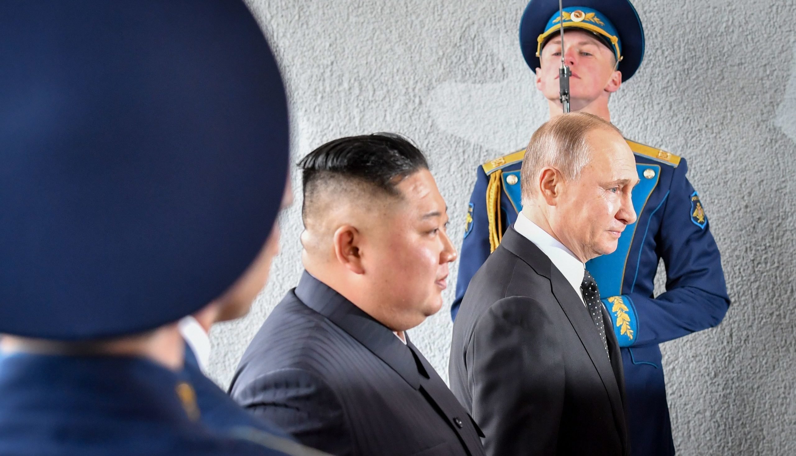 Kim and Putin on their way to a 2019 summit talk in Vladivostok, Russia.