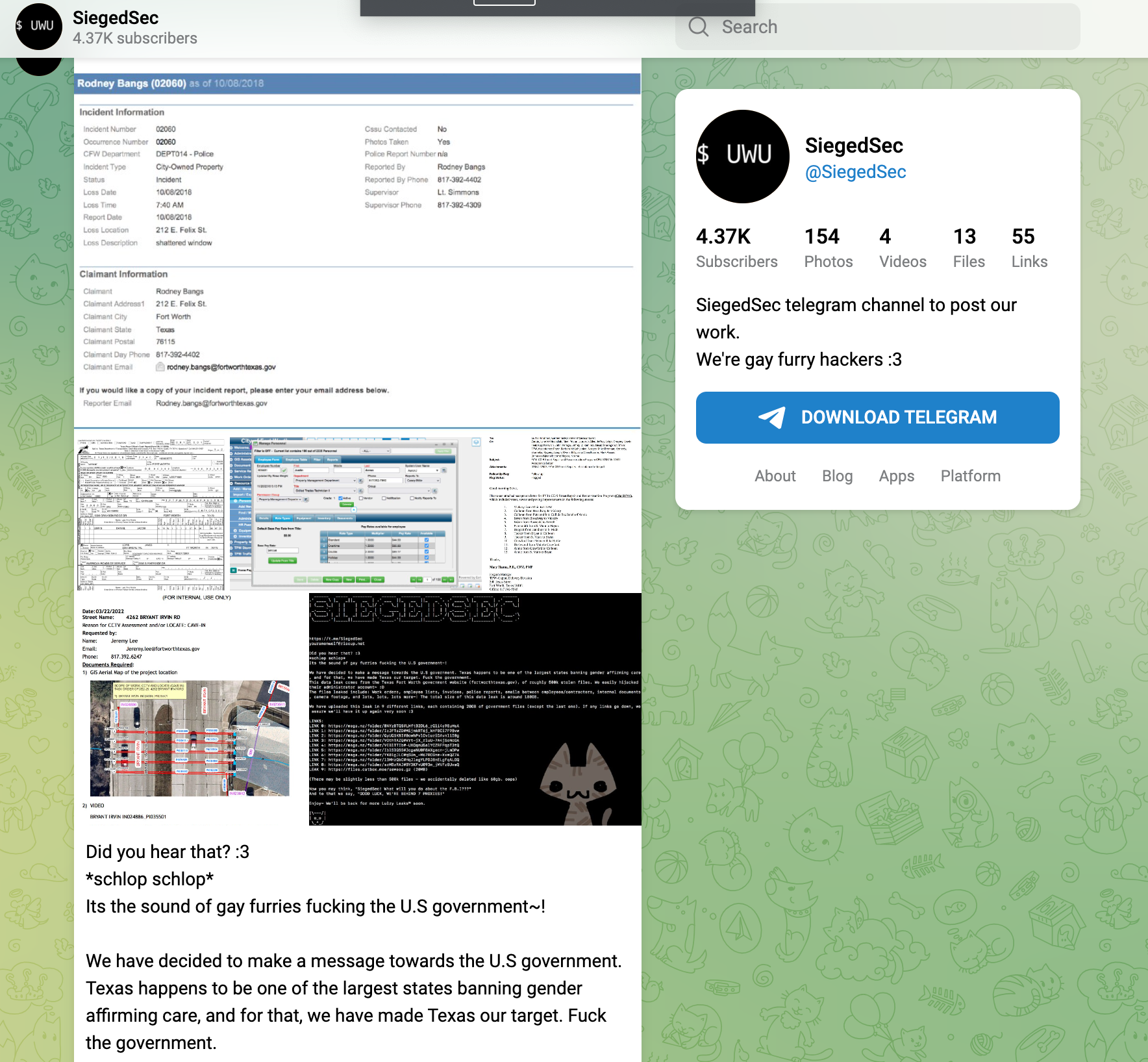 Screen Shot of SiegedSec's Telegram Page and Announcement of Fort Worth Hack