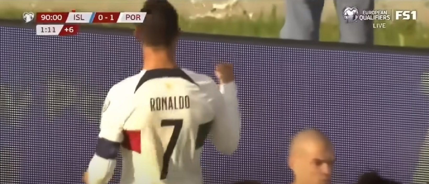 Cristiano Ronaldo celebrating his 123rd goal and the only goal of the UEFA Euro 2024 qualifying match against Iceland Tuesday June 20 2023. YouTube/Screenshot/FOX Soccer