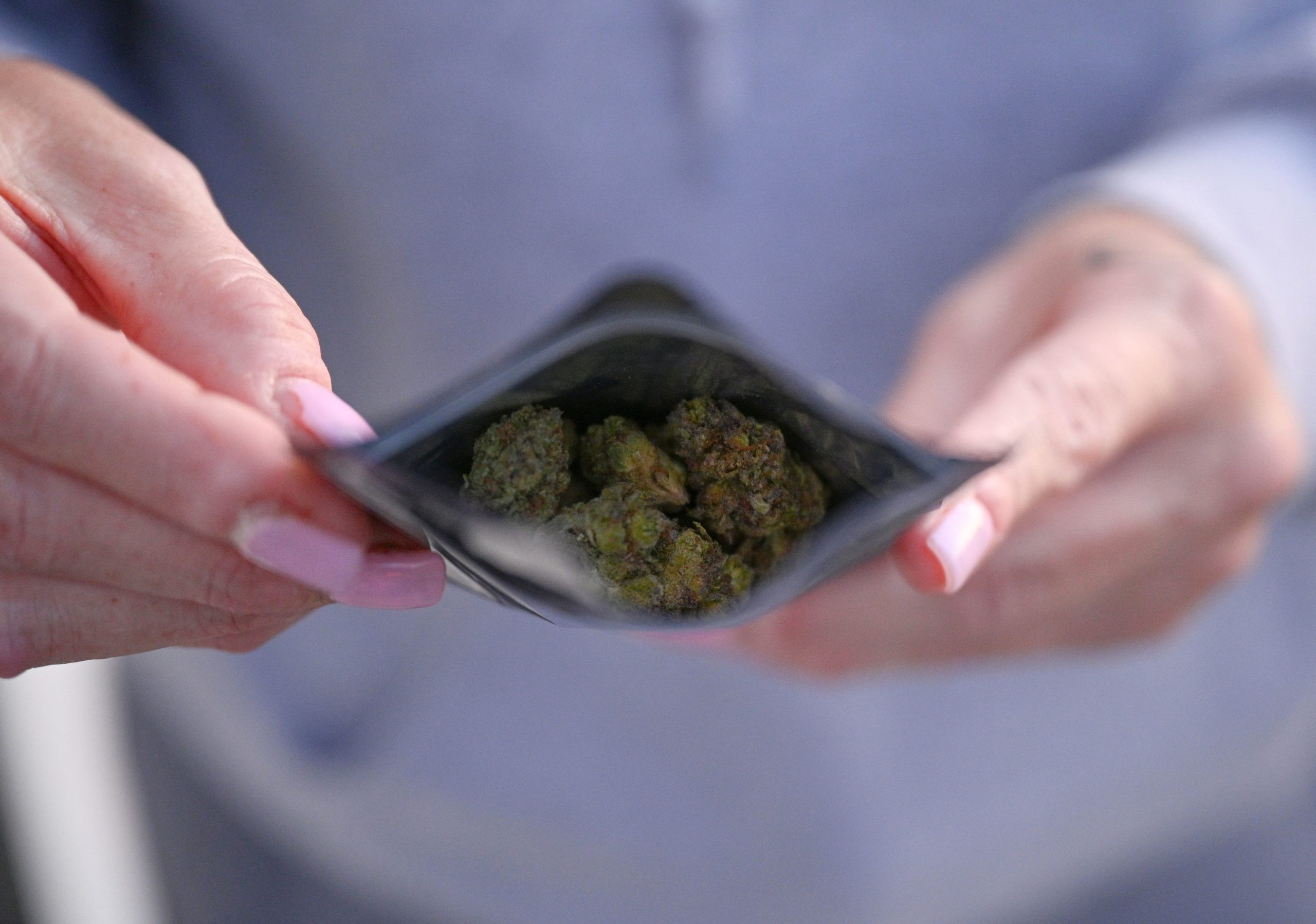 A customer displays a bag of "flower", or marijuana bud, that she purchased at an unlicensed cannabis dispensary in unincorporated Los Angeles County, just east of the Los Angeles city boundary, on December 21, 2022. - Photo by ROBYN BECK/AFP via Getty Images