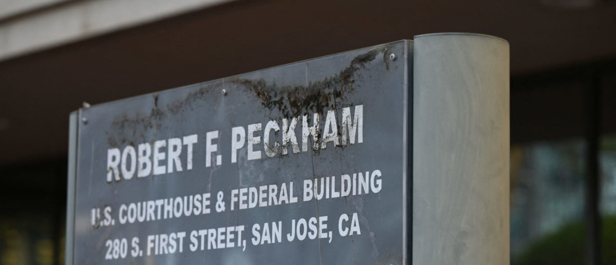 A sign is displayed at the Robert F. Peckham US Courthouse and Federal Building in San Jose, California, on April 21, 2023.(Photo by SAMANTHA LAUREY/AFP via Getty Images)