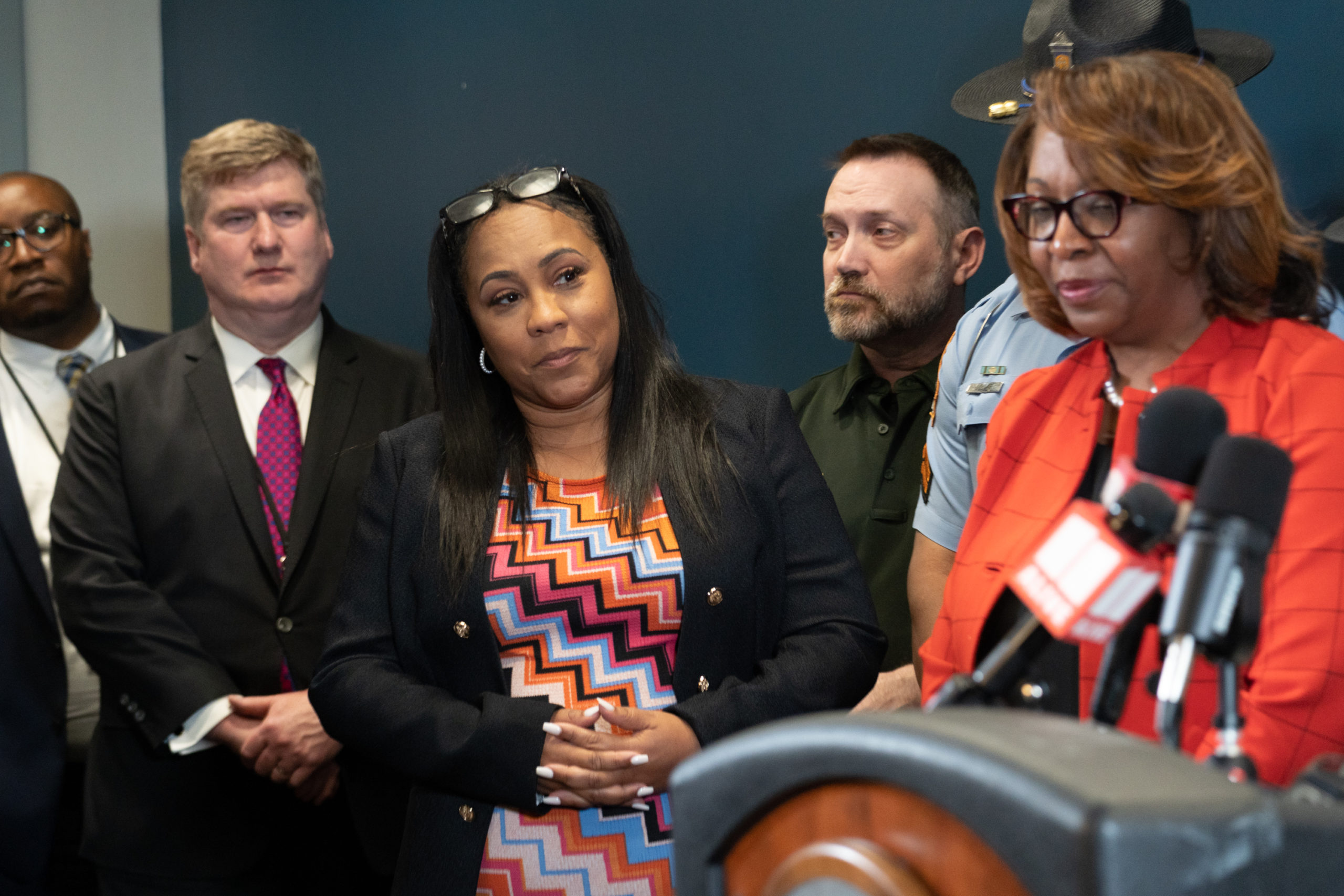 Fulton County District Attorney Fani Willis (C) attends a press conference at the Atlanta Police headquarters following a shooting at Northside Hospital medical facility on May 3, 2023 in Atlanta, Georgia. (Photo by Megan Varner/Getty Images)