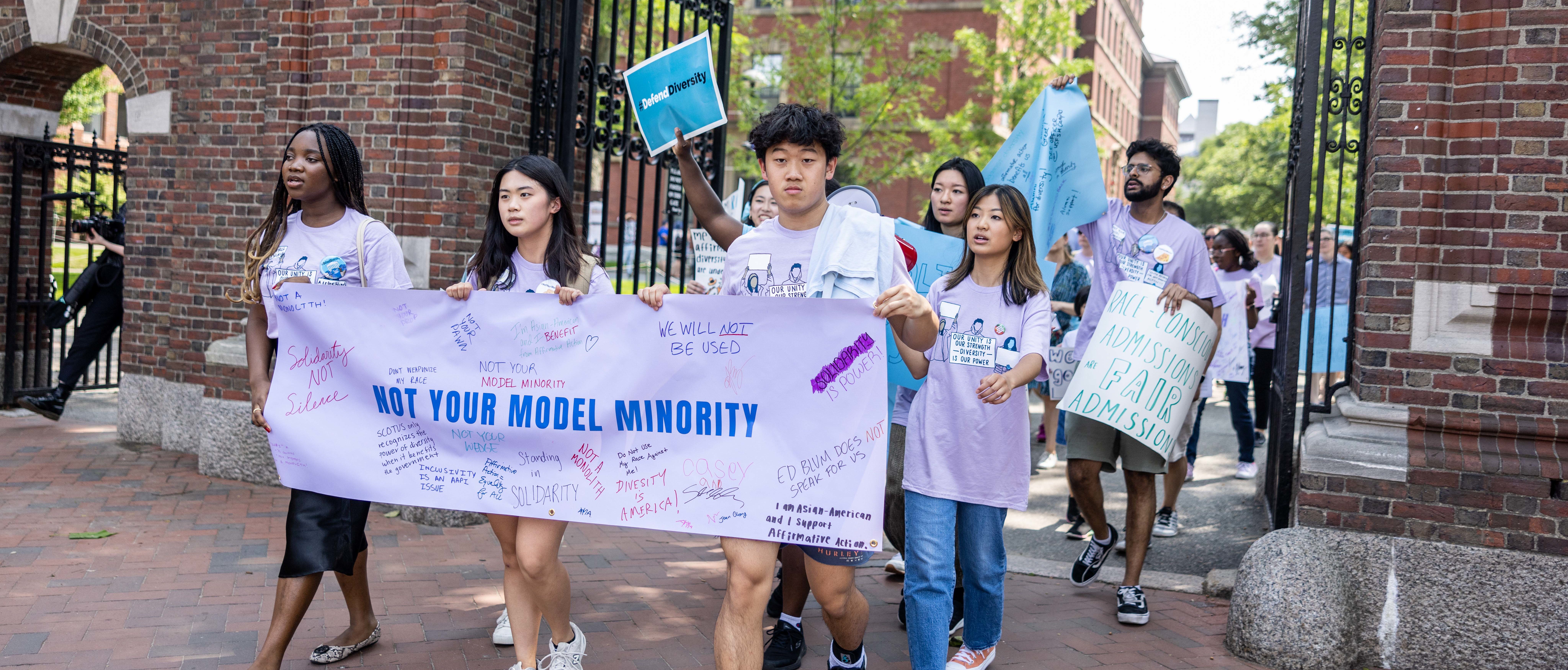 CAMBRIDGE, MASSACHUSETTS - JULY 1: Students and others march through Harvard University in support of Affirmative Action after the Supreme Court ruling on July 1, 2023 in Cambridge, Massachusetts. The Supreme Court's landmark decision on Thursday to gut affirmative action has made it unlawful for colleges to take race into consideration as a specific factor in admissions. (Photo by Scott Eisen/Getty Images)