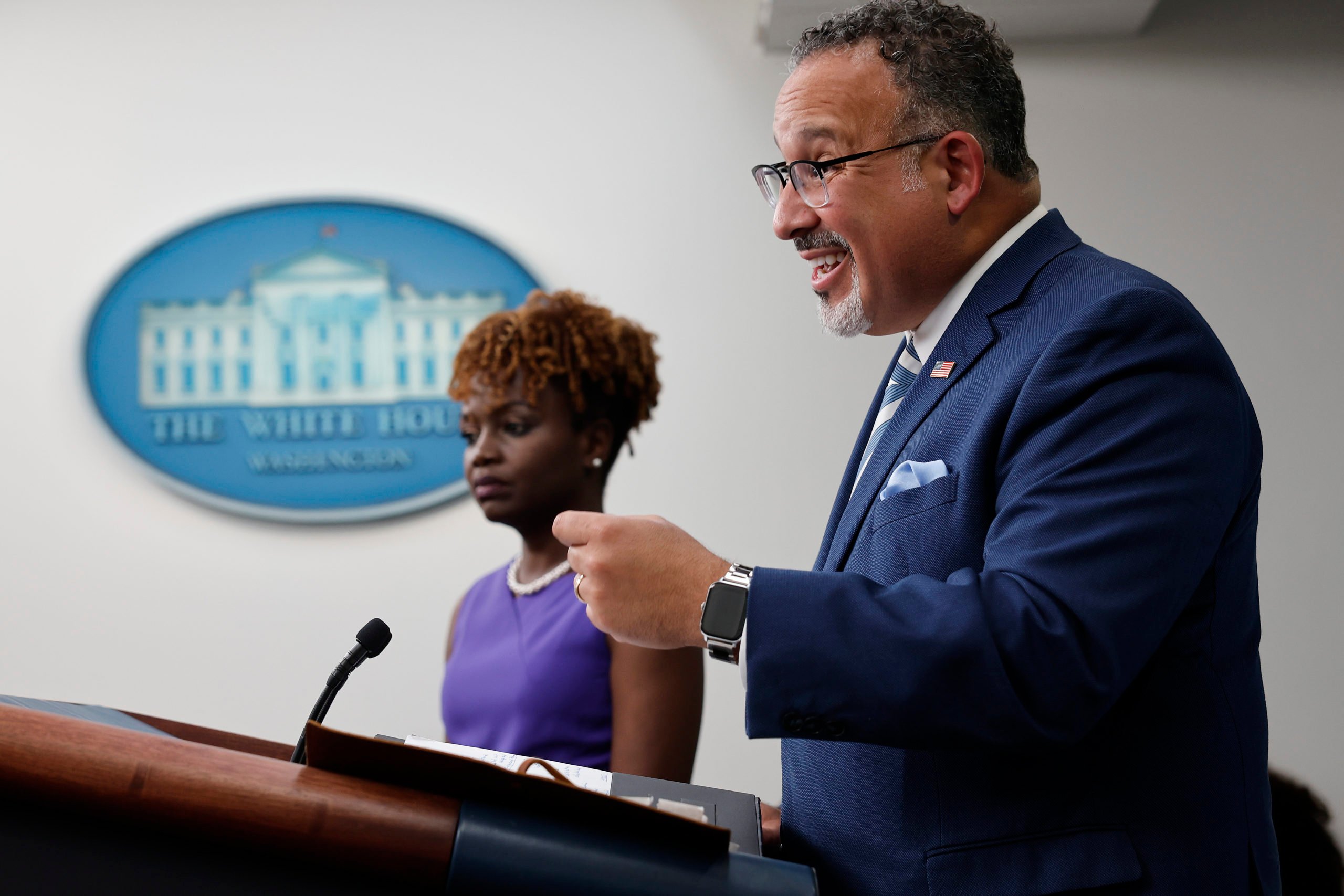 White House Press Secretary Karine Jean-Pierre (L) and Education Secretary Miguel Cardona talk to reporters during the daily news conference in the Brady Press Briefing Room at the White House on June 30, 2023 in Washington, DC. Cardona fielded questions about recent U.S. Supreme Court decision blocking President Joe Biden's program to forgive billions of dollars in student loan debts. (Photo by Chip Somodevilla/Getty Images)